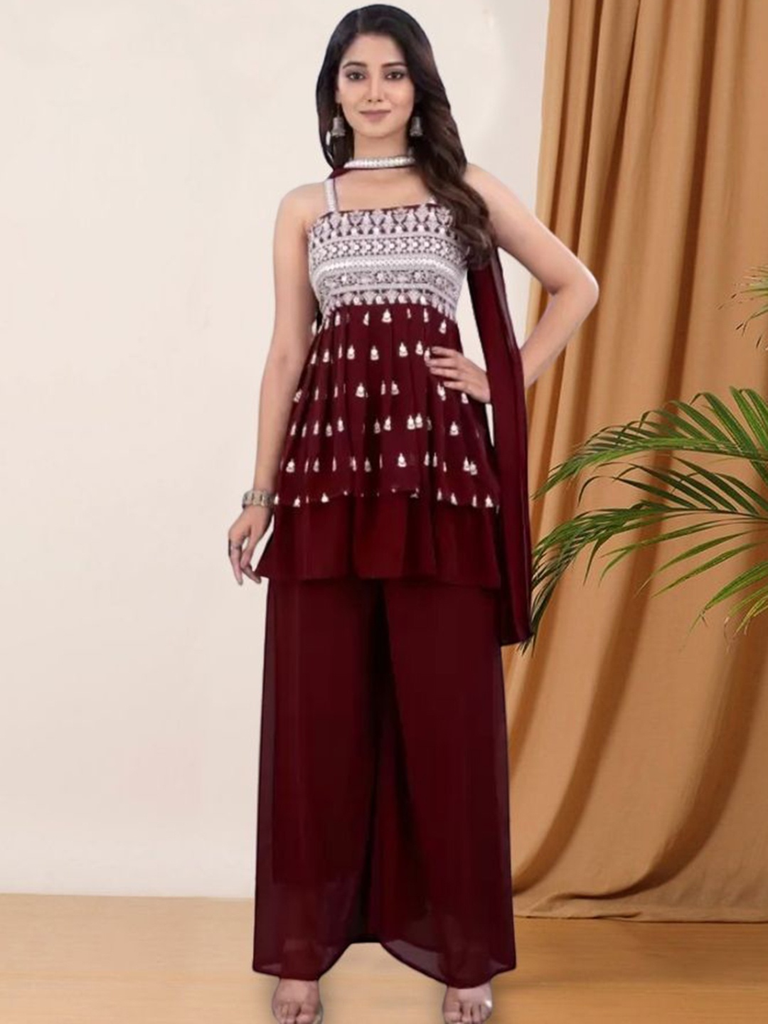 

PARROT CREATION Floral Embroidered Georgette A-Line Kurti With Palazzos And Dupatta, Maroon