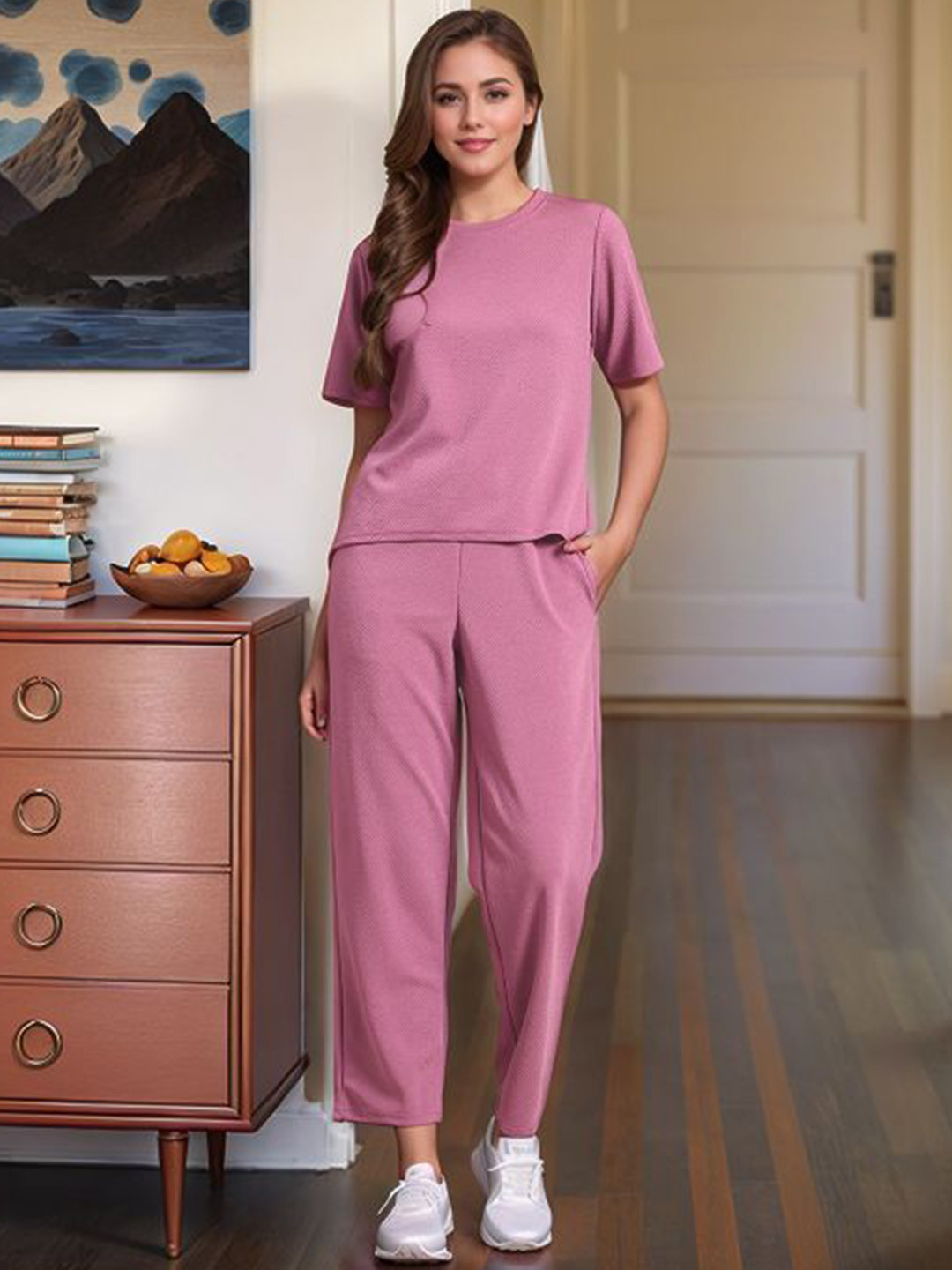 

DressBerry Round Neck Short Sleeves T-Shirt With Trousers, Pink