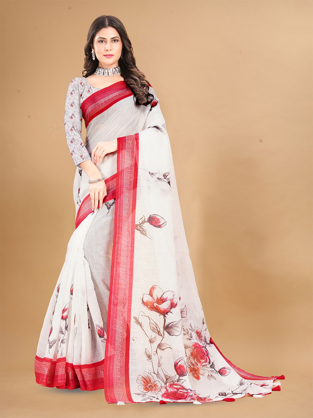 

Anouk Floral Linen Blend Saree, White