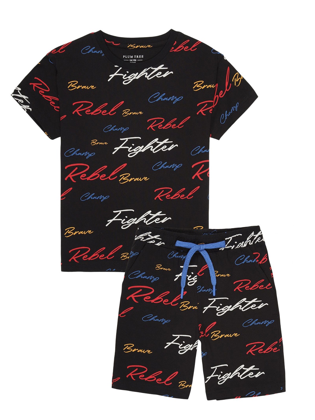 

PLUM TREE Boys Printed Round Neck Pure Cotton T-Shirt With Shorts, Black
