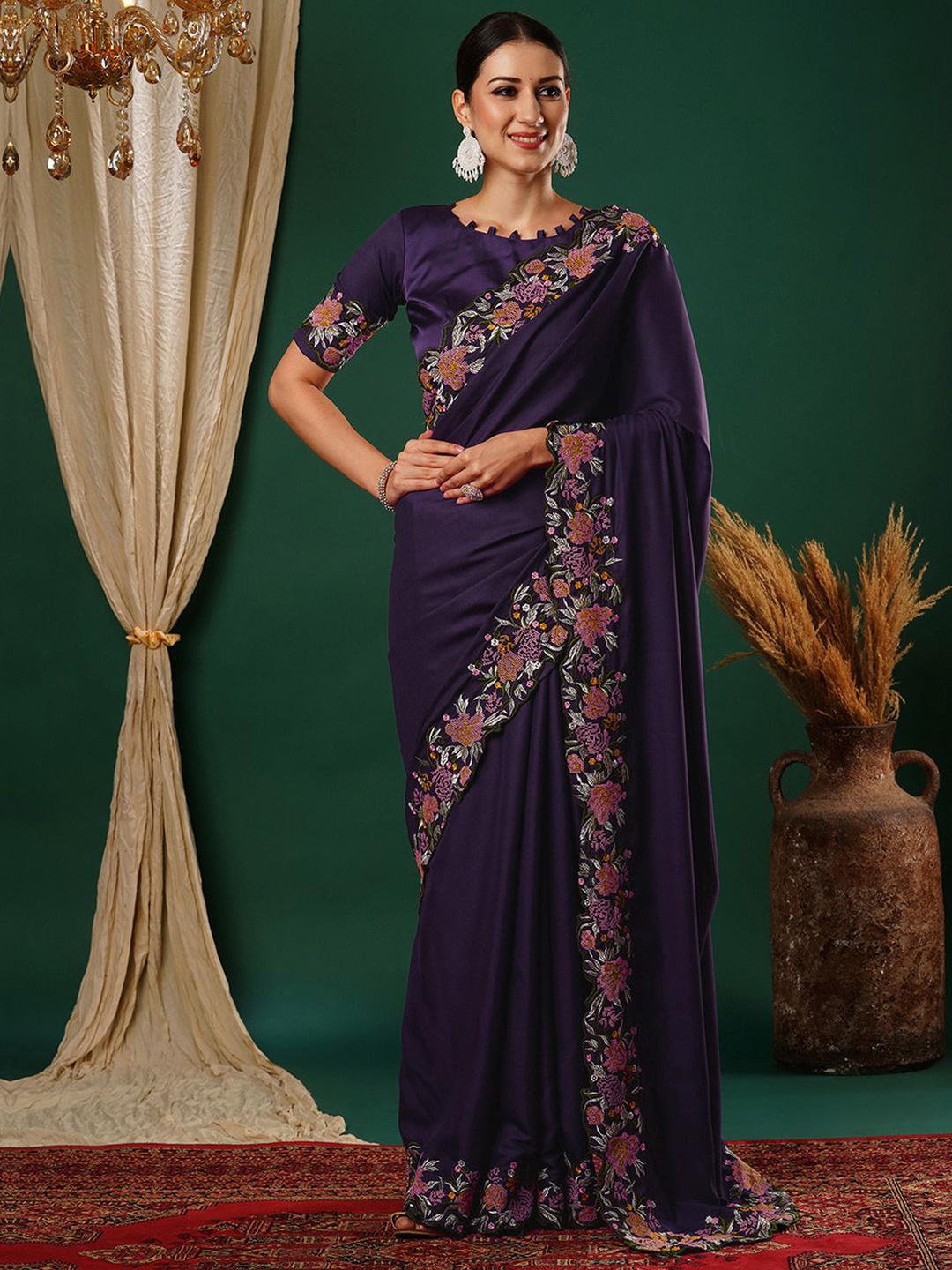 

all about you Embroidered Satin Saree, Purple