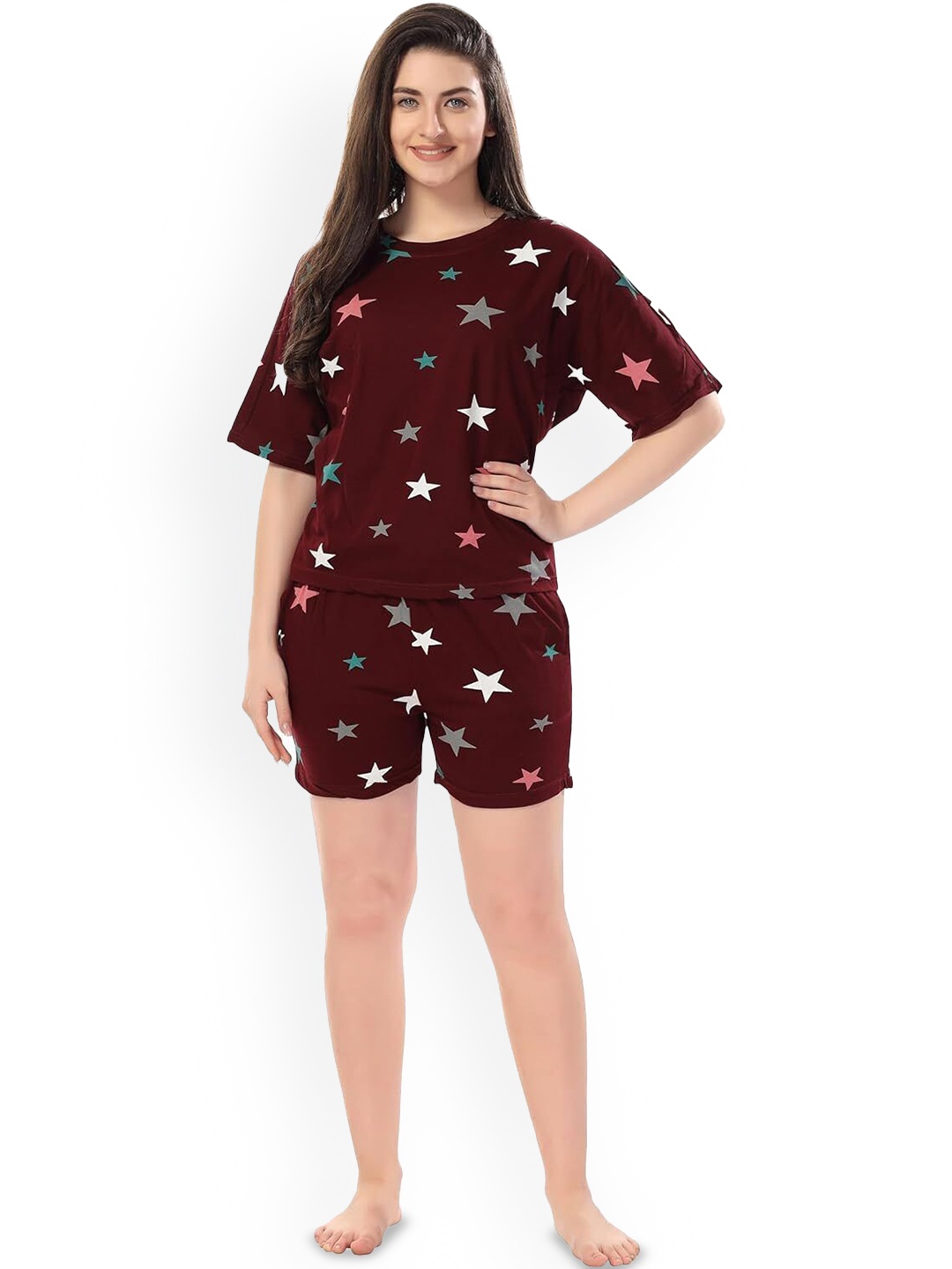 

XPIOX Graphic Printed Night suit, Maroon