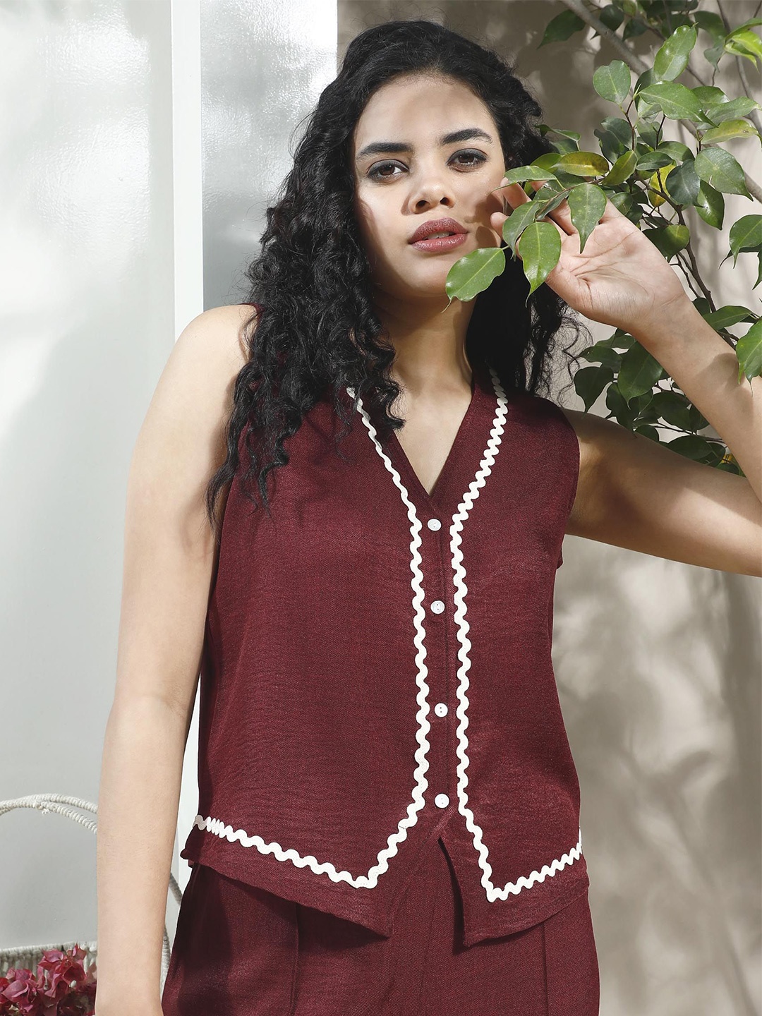 

Boho By Athena Women Linen WaistCoat Top, Maroon