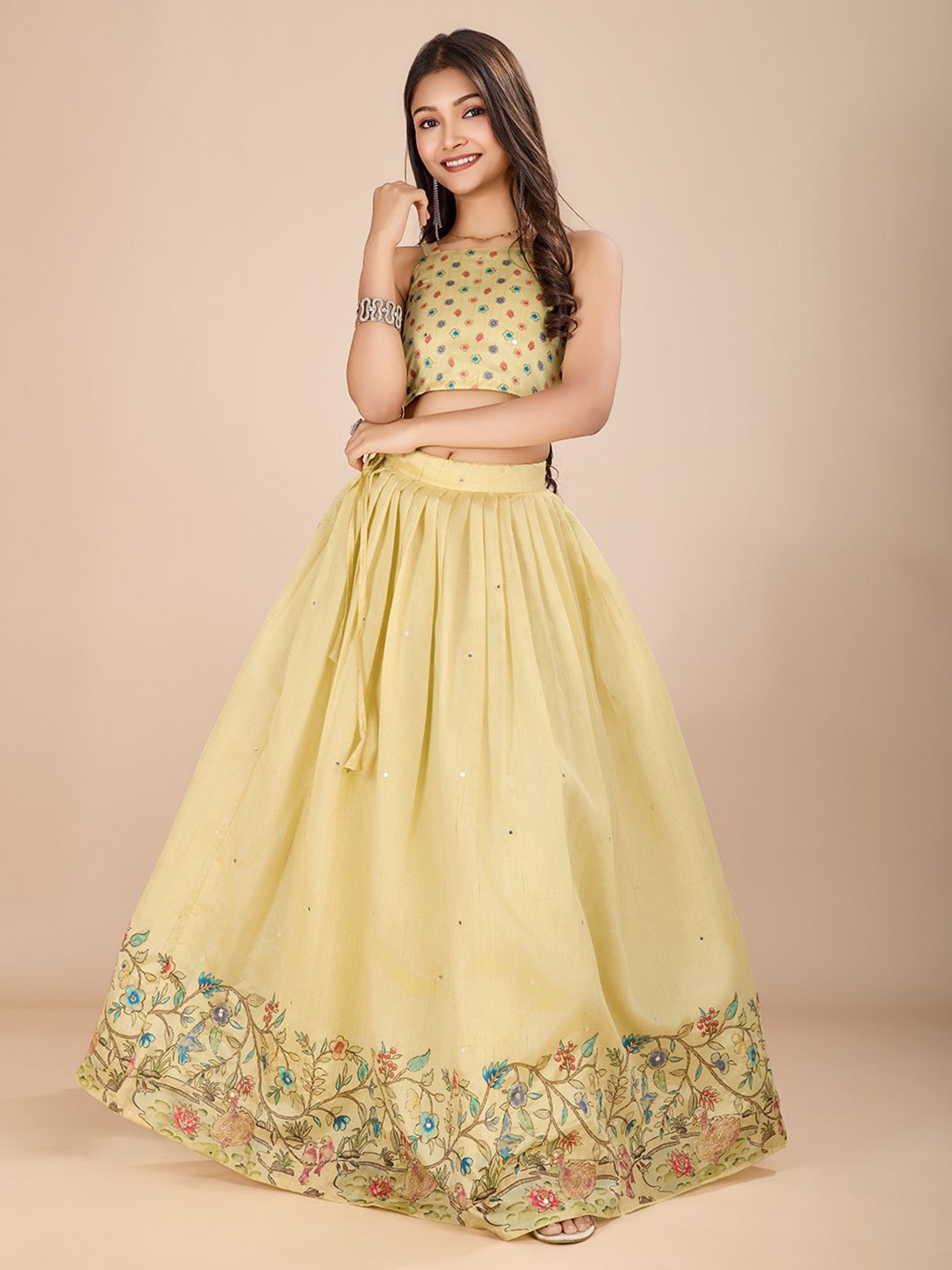 

Tasarika Girls Printed Mirror Work Ready To Wear Lehenga & Choli, Yellow
