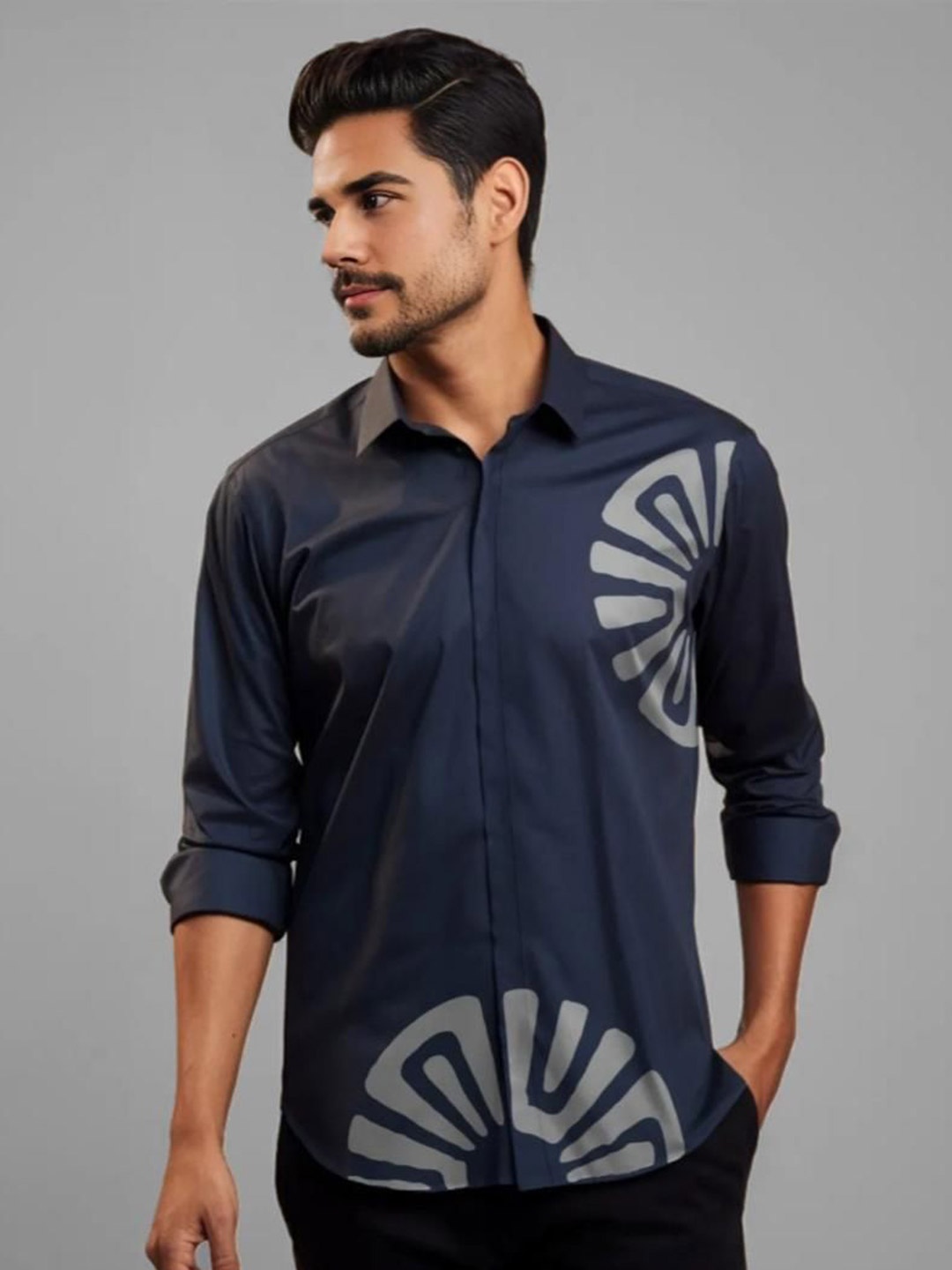 

HE SPOKE Men Smart Tailored Fit Opaque Printed Casual Shirt, Navy blue