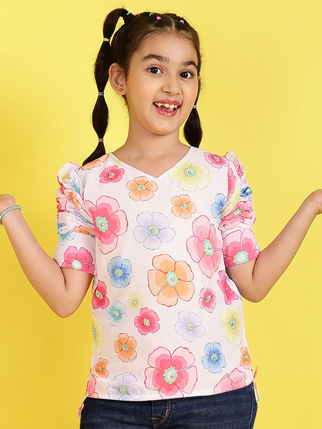 

Miss & Chief Girls Floral Printed Puff Sleeves Top, White