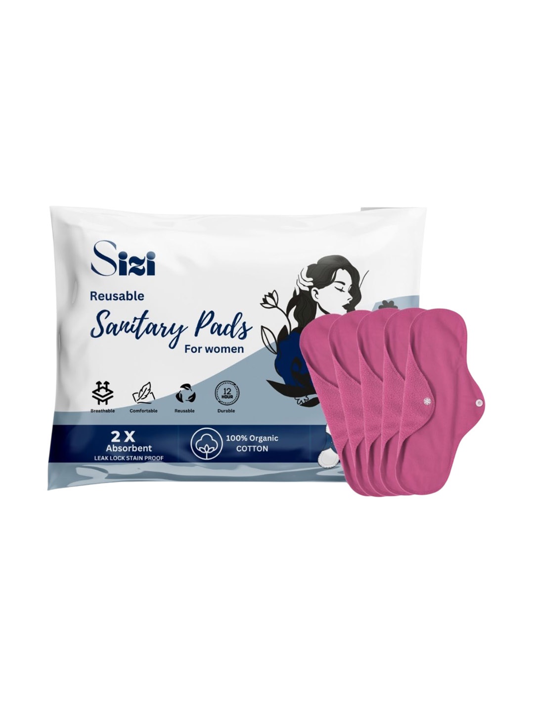 

Sizi Super Absorbent Washable & Reusable Eco-Friendly Sanitary Pads- 5 Pads- XL, Pink