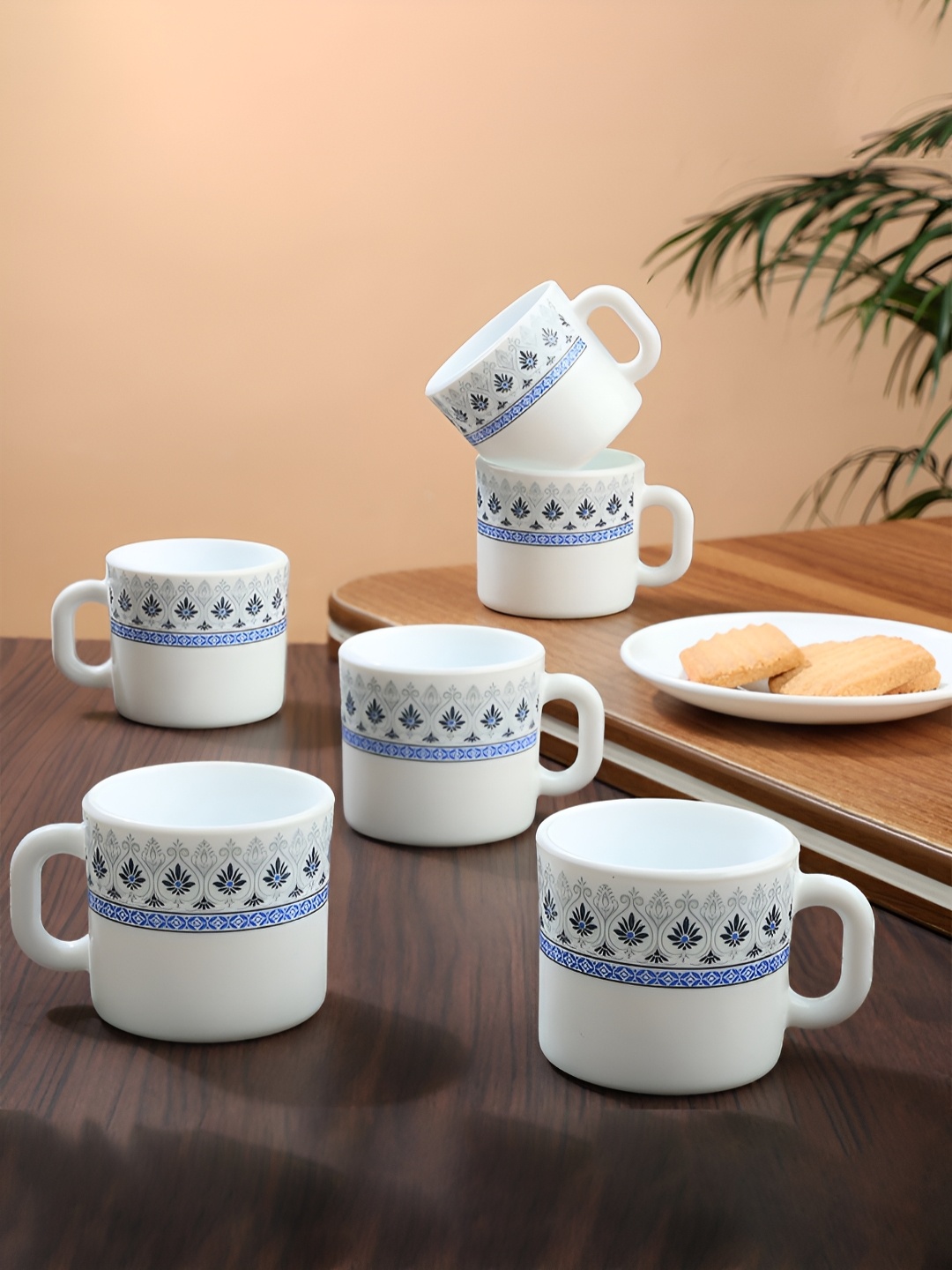 

Larah by BOROSIL Novelty White 6 Pcs Printed Opalware Matte Mugs 100 Ml