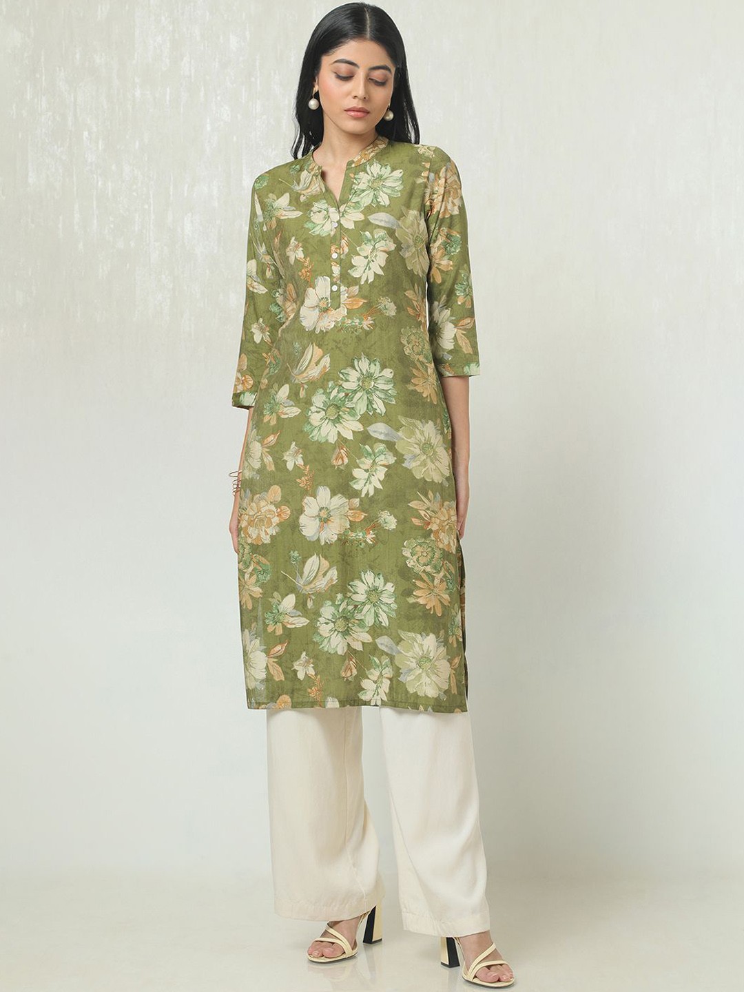 

Soch Floral Printed Mandarin Collar Tissue A-Line Kurta, Olive