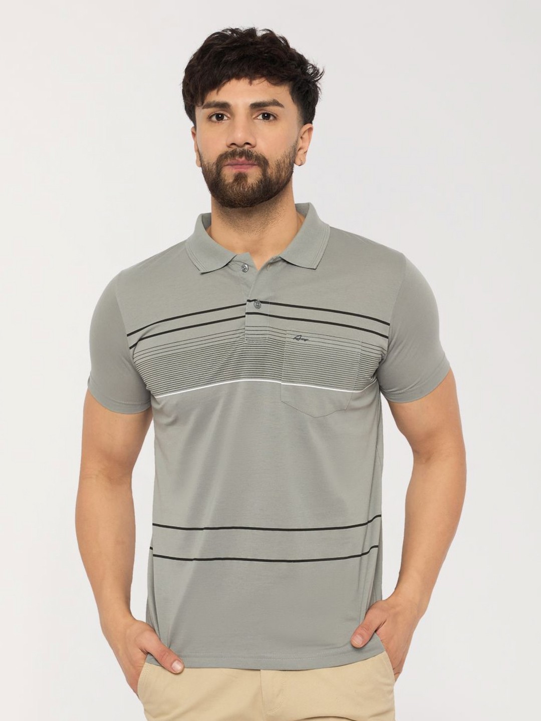 

ARRAY Men Striped Polo Collar Cotton Slim Fit T-shirt, Grey