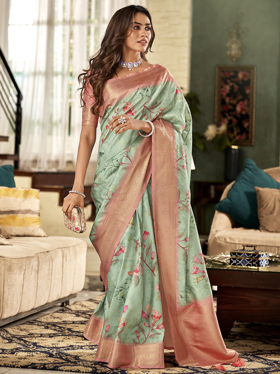 

DIVASTRI Floral Zari Silk Cotton Saree, Teal