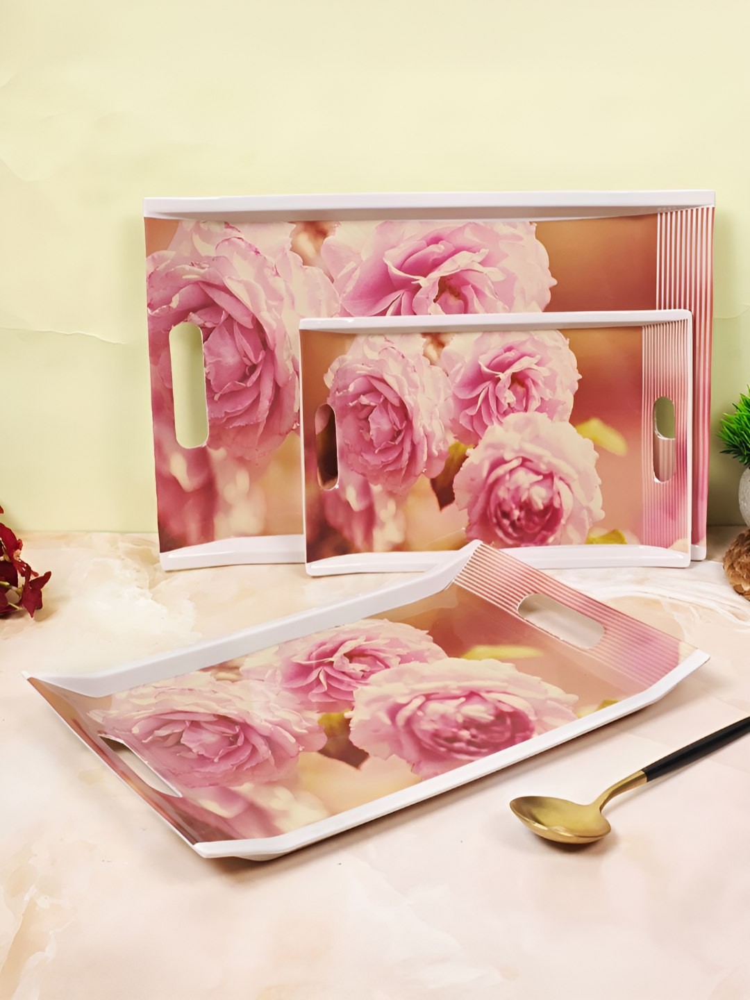 

UPC Pink And White 3 Pieces Printed Melamine Dishwasher Safe Serving Tray