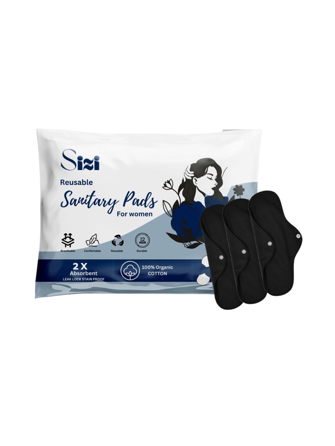

Sizi Super Absorbent Washable & Reusable Eco-Friendly Sanitary Pads- 2 Pads- XL, Black