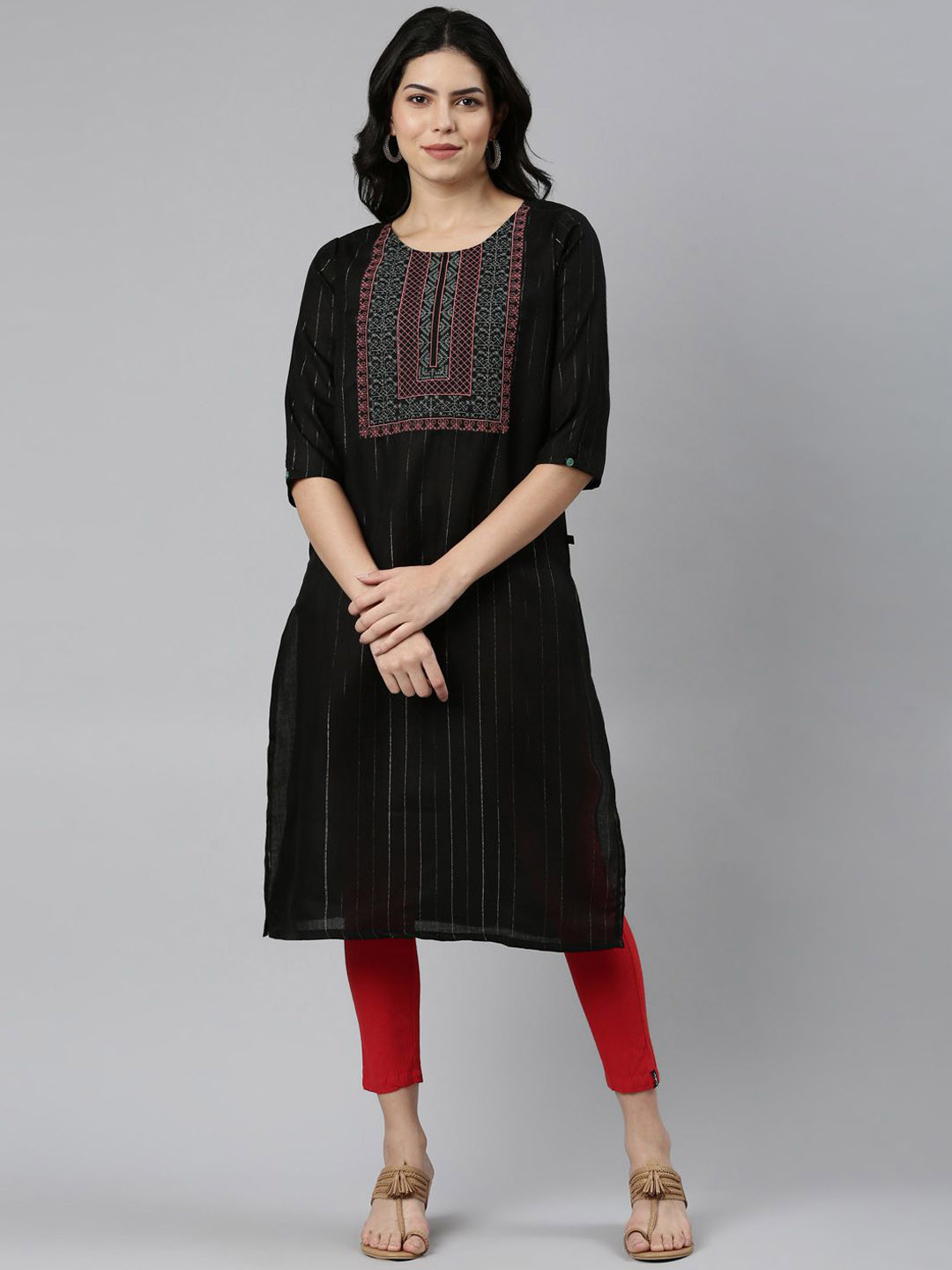 

Samhitas Striped Thread Work Straight Kurta, Black
