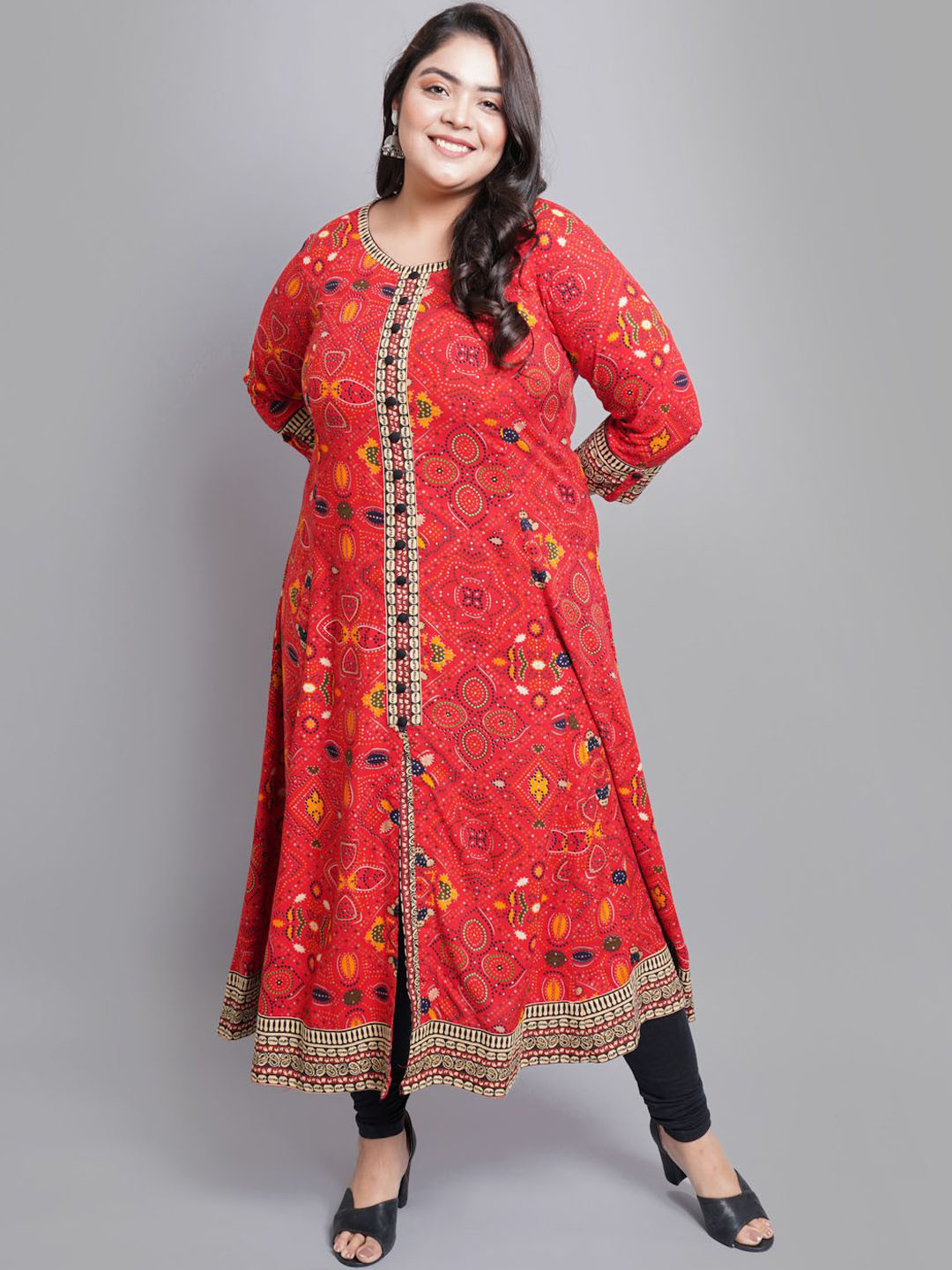 

KALINI Bandhani Printed Round Neck Three-Quarter Sleeves A-Line Kurta, Red