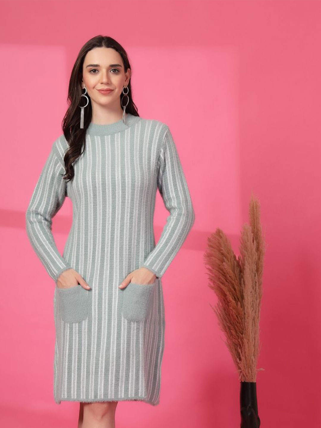 

all about you Striped Woollen Dress, Green