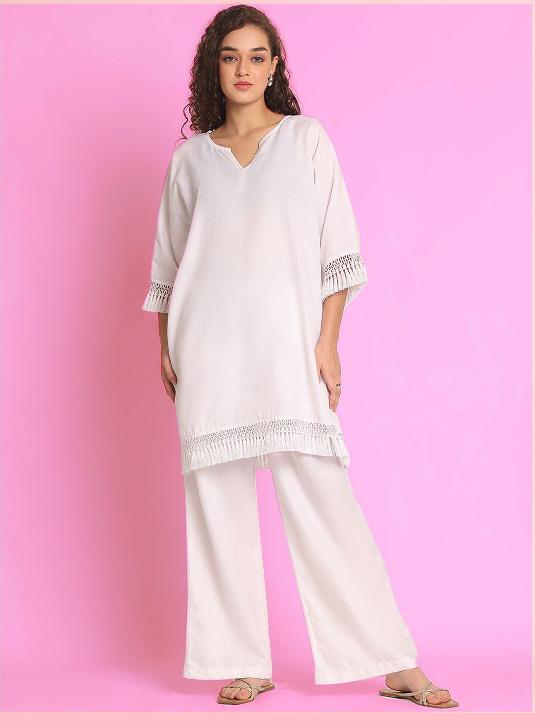 

EROTISSCH White Notch Neck Linen Top & Palazzos