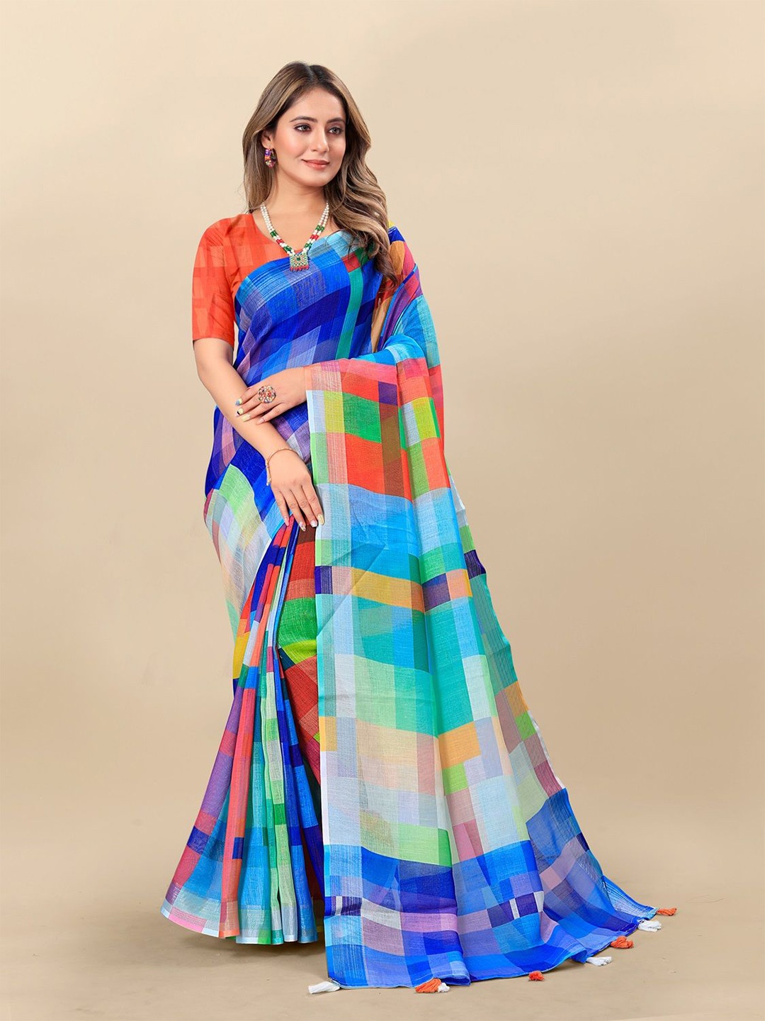 

Anouk Checked Zari Linen Blend Saree, Blue