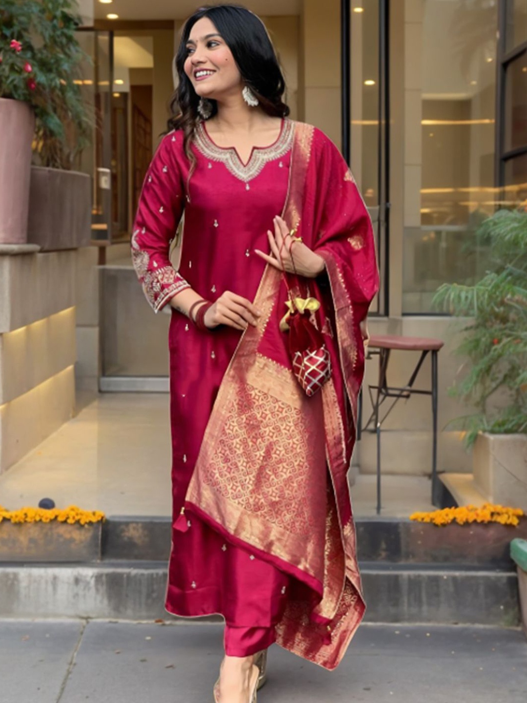 

KALINI Floral Embroidered Sequnnied Notch Neck Straight Kurta With Trousers & Dupatta, Maroon