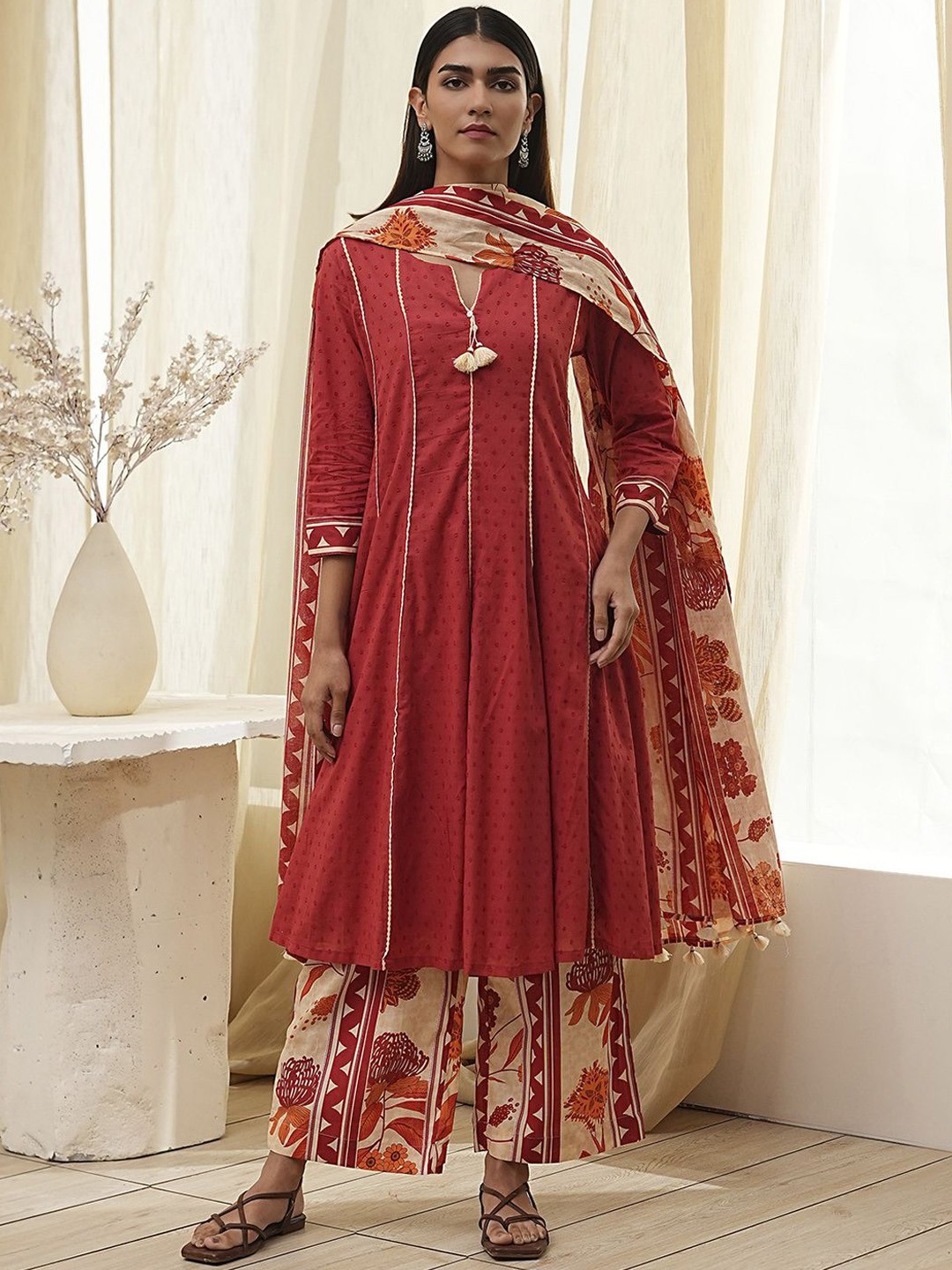 

Biba Women Regular Pure Cotton Kurta with Palazzos & With Dupatta, Rust