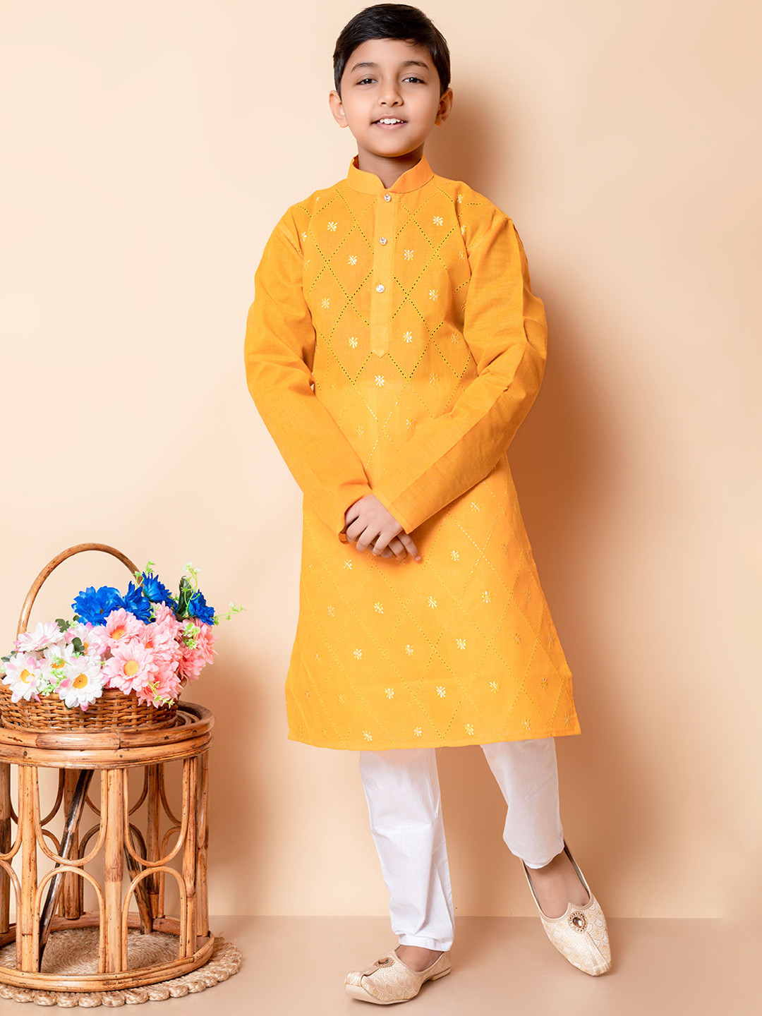 

Cae Boys Floral Embroidered Thread Work Mandarin Collar Straight Kurta with Pyjamas, Yellow