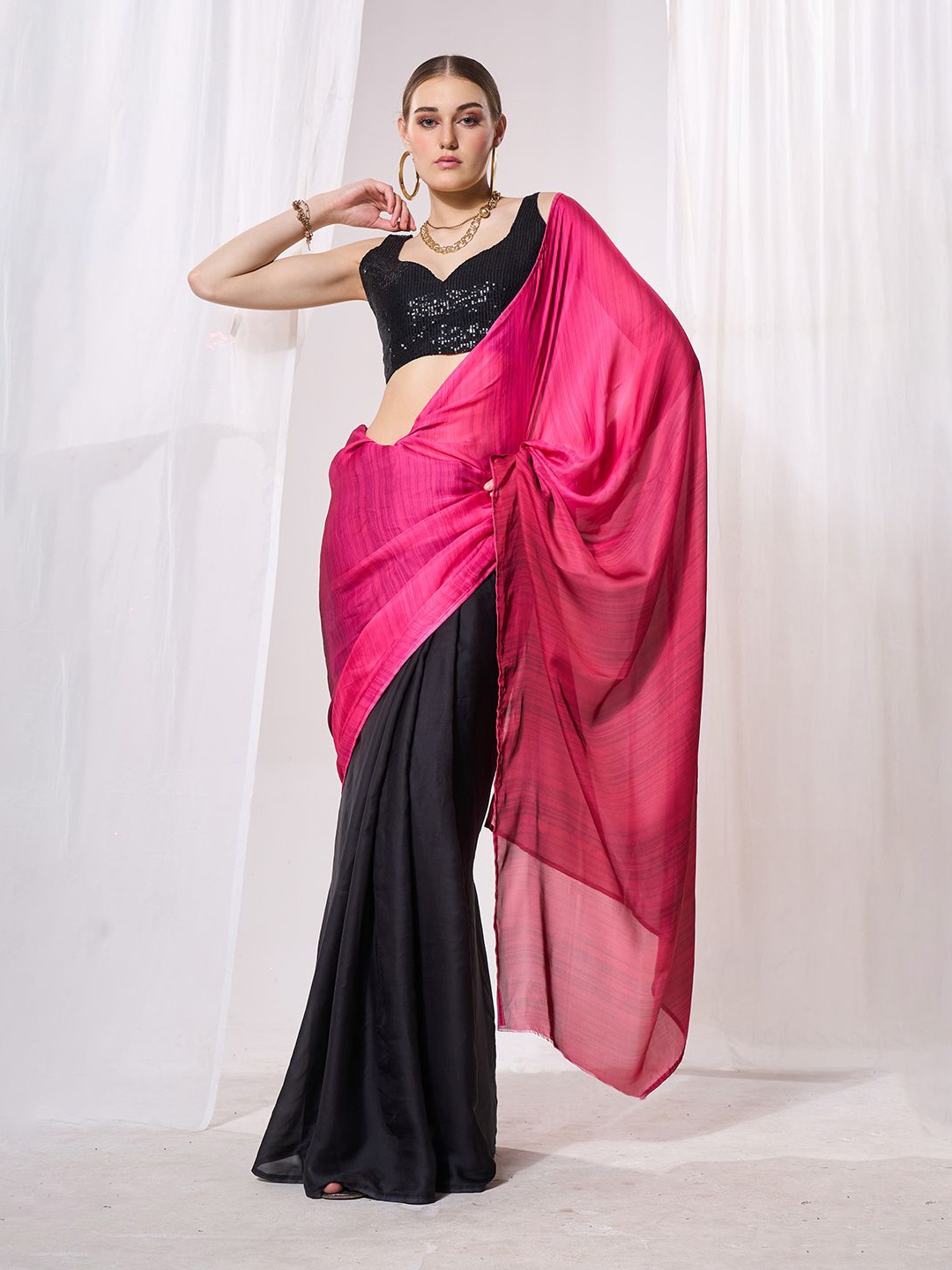 

Mitera Tie and Dye Pure Chiffon Saree With Unstitched Blouse Piece, Pink