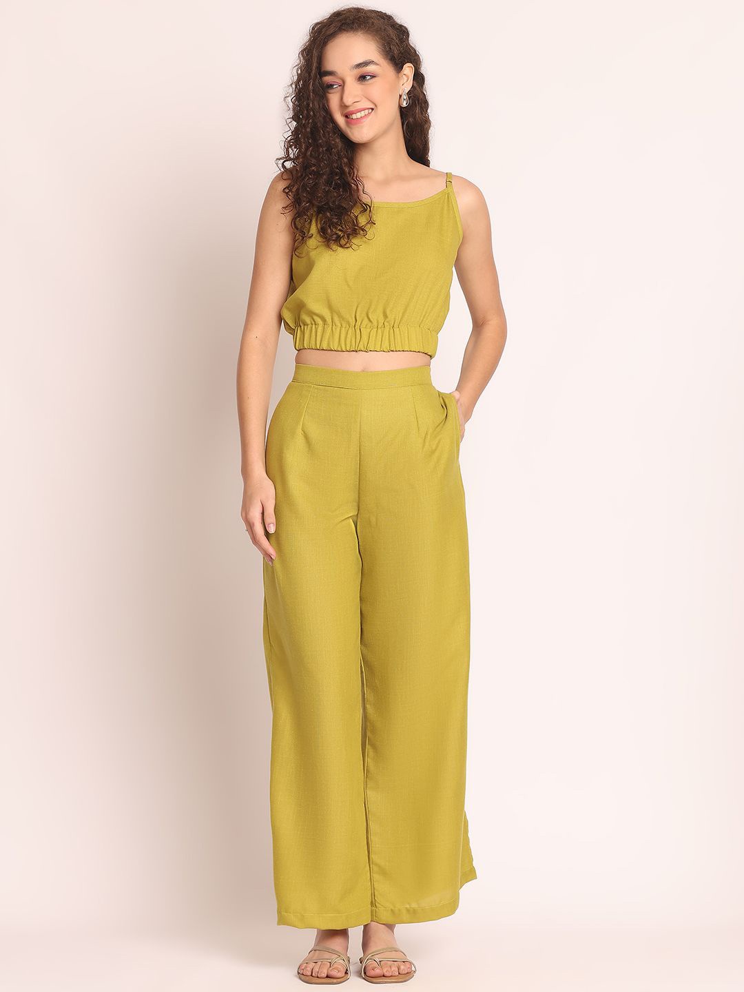 

EROTISSCH Yellow Shoulder Strap Linen Crop Top & Trousers, Green