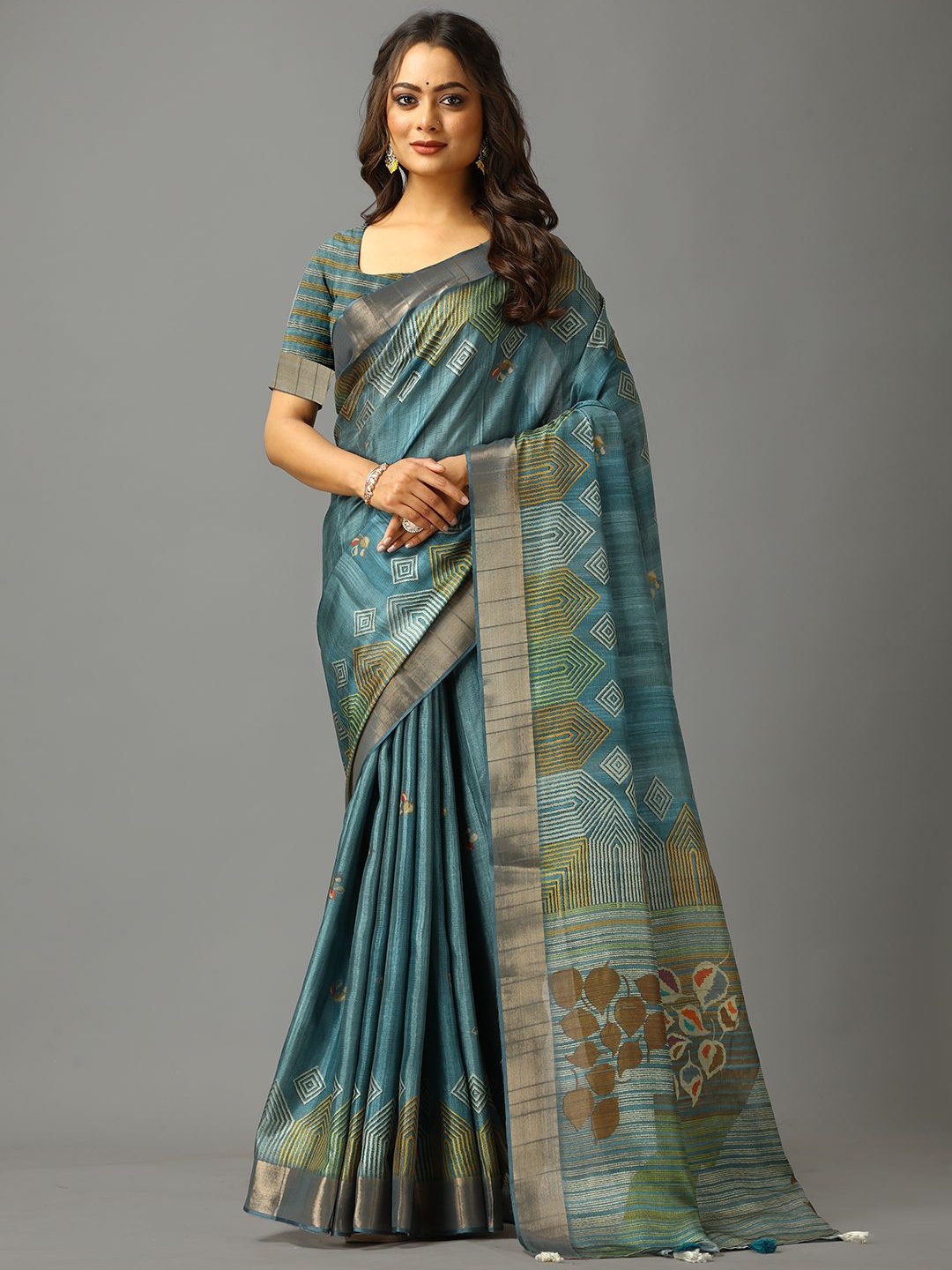 

NIRMAL CREATION Floral Zari Saree, Turquoise blue