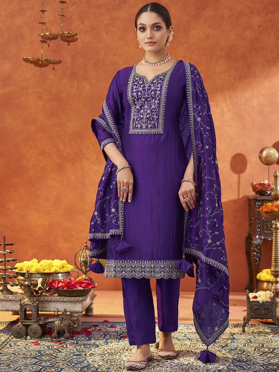 

Shaily Floral Embroidered Notch Neck Straight Kurta With Trousers & Dupatta, Purple