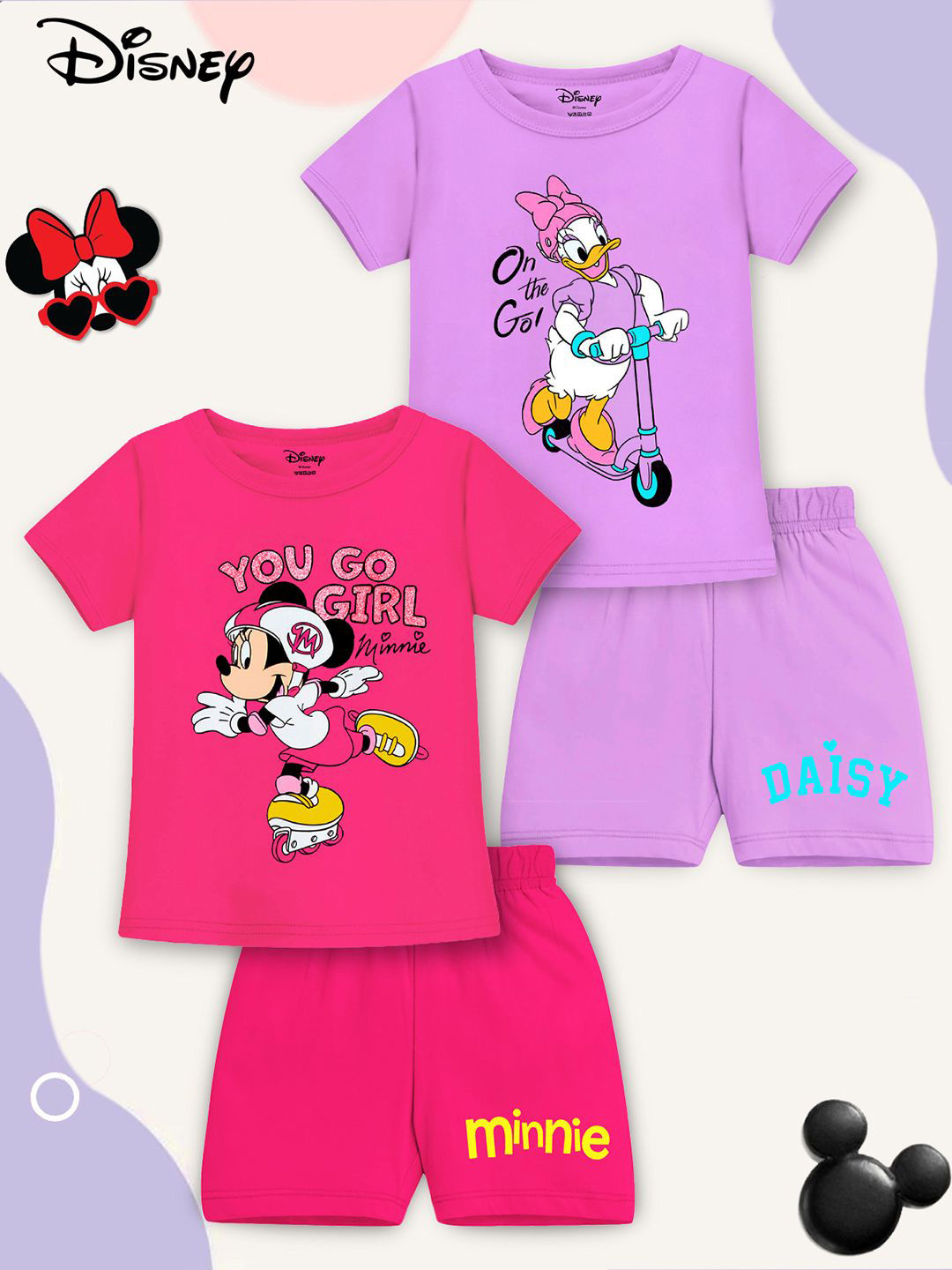 

YK Disney Girls Pack Of 2 Minnie & Daisy Duck Printed Round Neck T-Shirts With Shorts, Pink