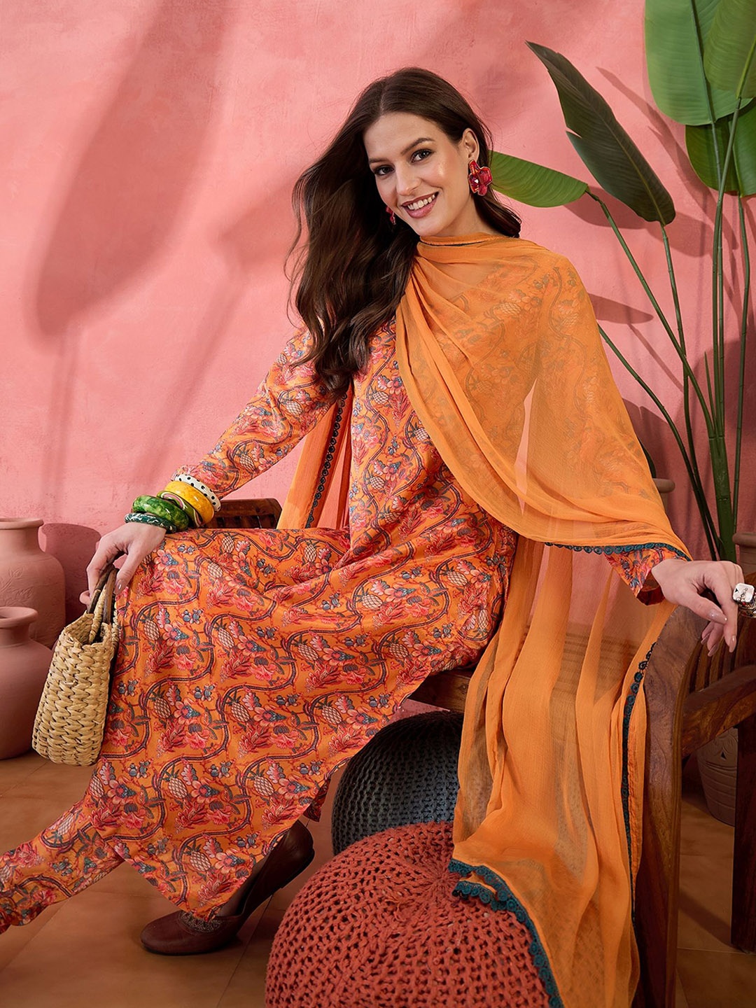 

Sangria Floral Printed V-Neck Straight Kurta With Churidar And Dupatta, Orange