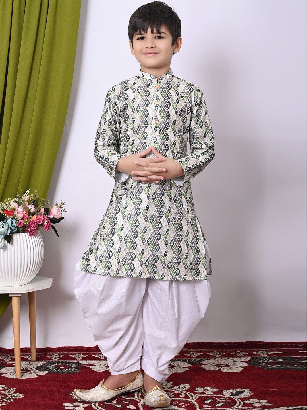 

Cae Boys Geometric Printed Mandarin Collar Sequinned Straight Kurta With Patiala, White