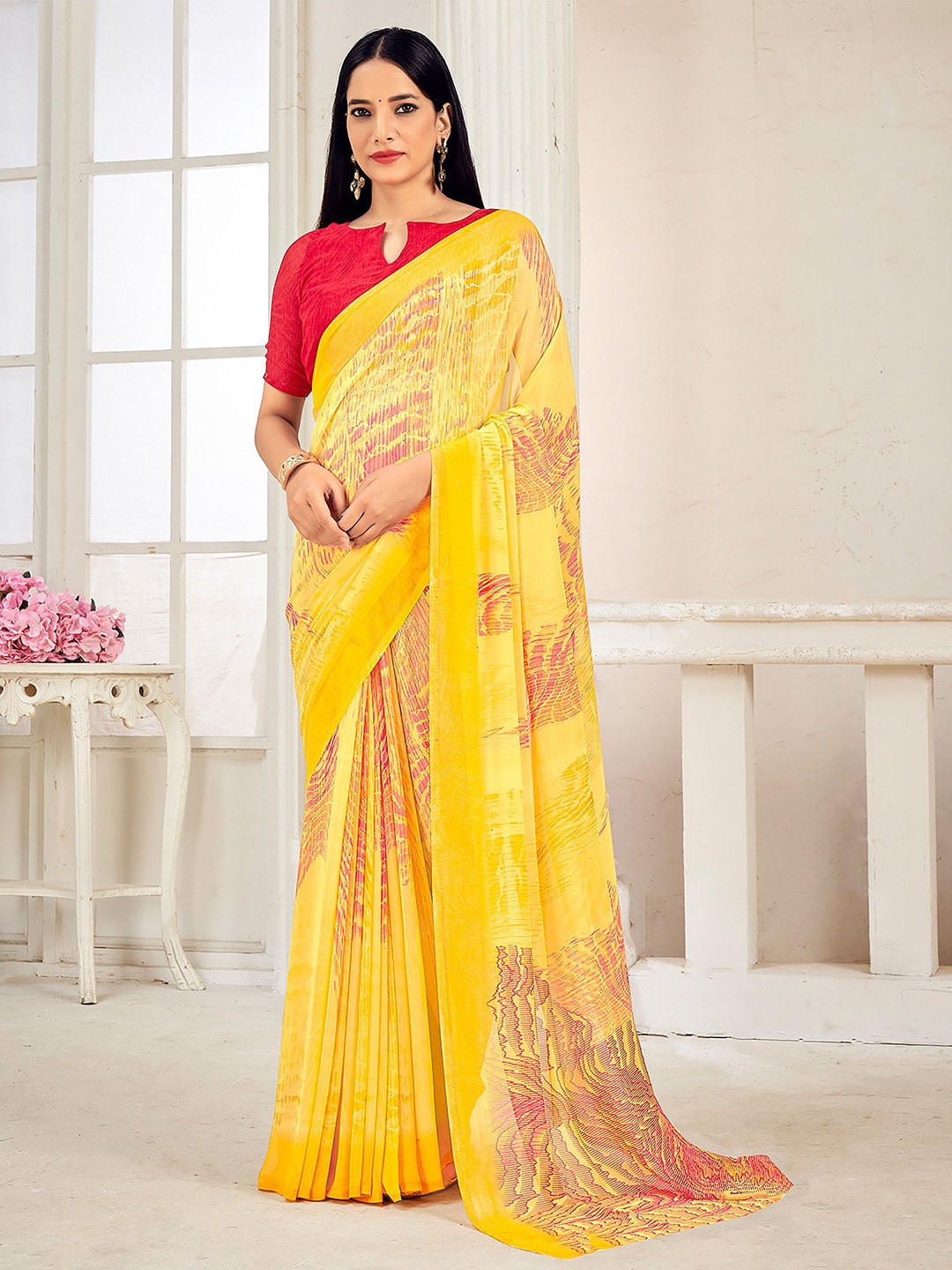 

Anouk Rustic Printed Pure Georgette Dabu Saree, Yellow