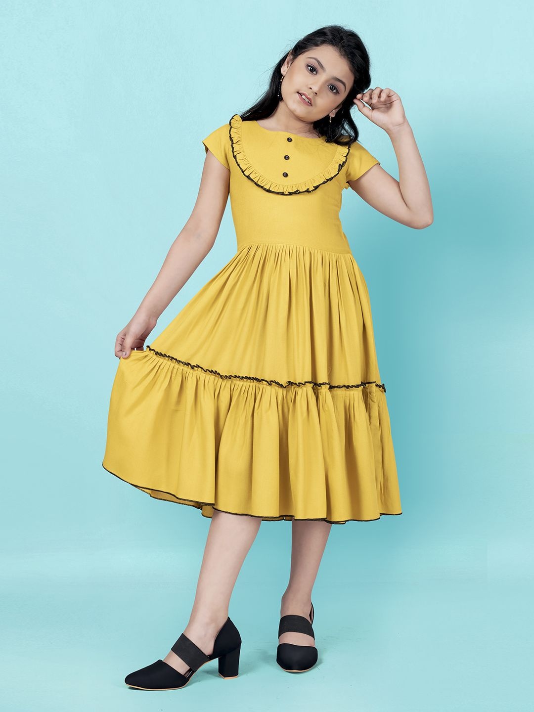 

YK Girls Round Neck Fit & Flare Midi Dress, Yellow