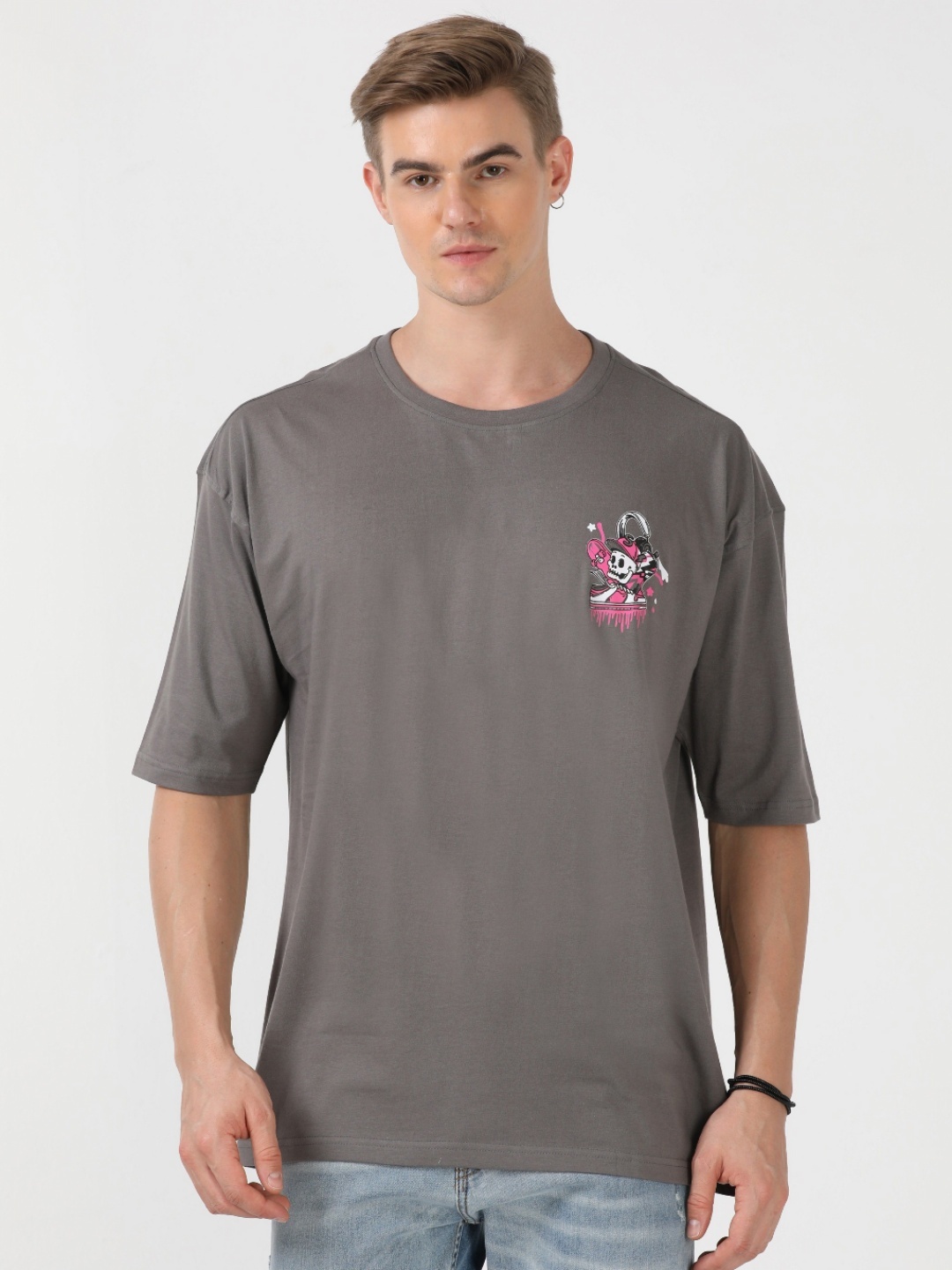 

QUCO Men Bio Finish Graphic Printed Round Neck Cotton Oversized T-shirt, Taupe