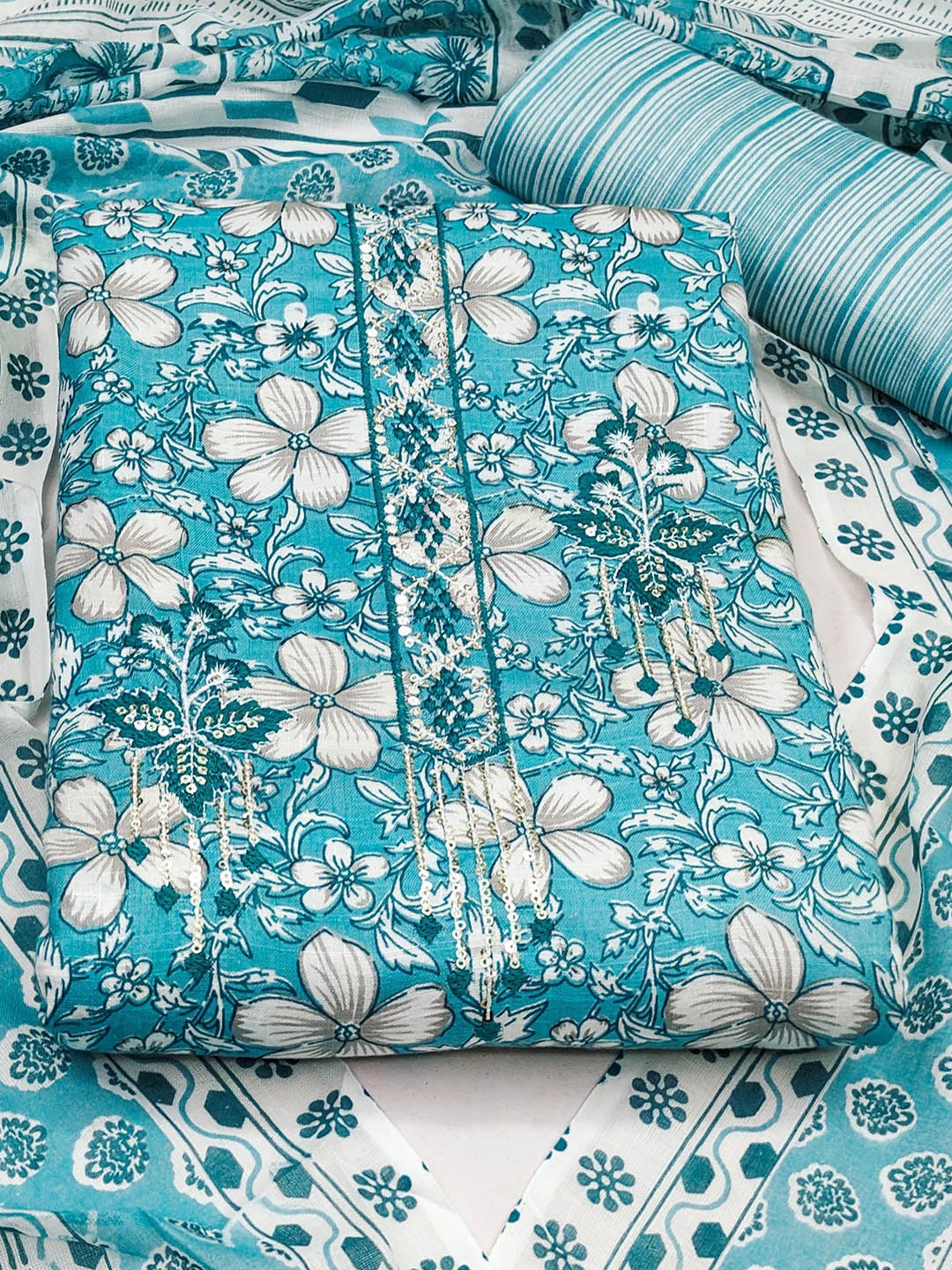 

SAINOOR Floral Printed Pure Cotton Unstitched Dress Material, Blue