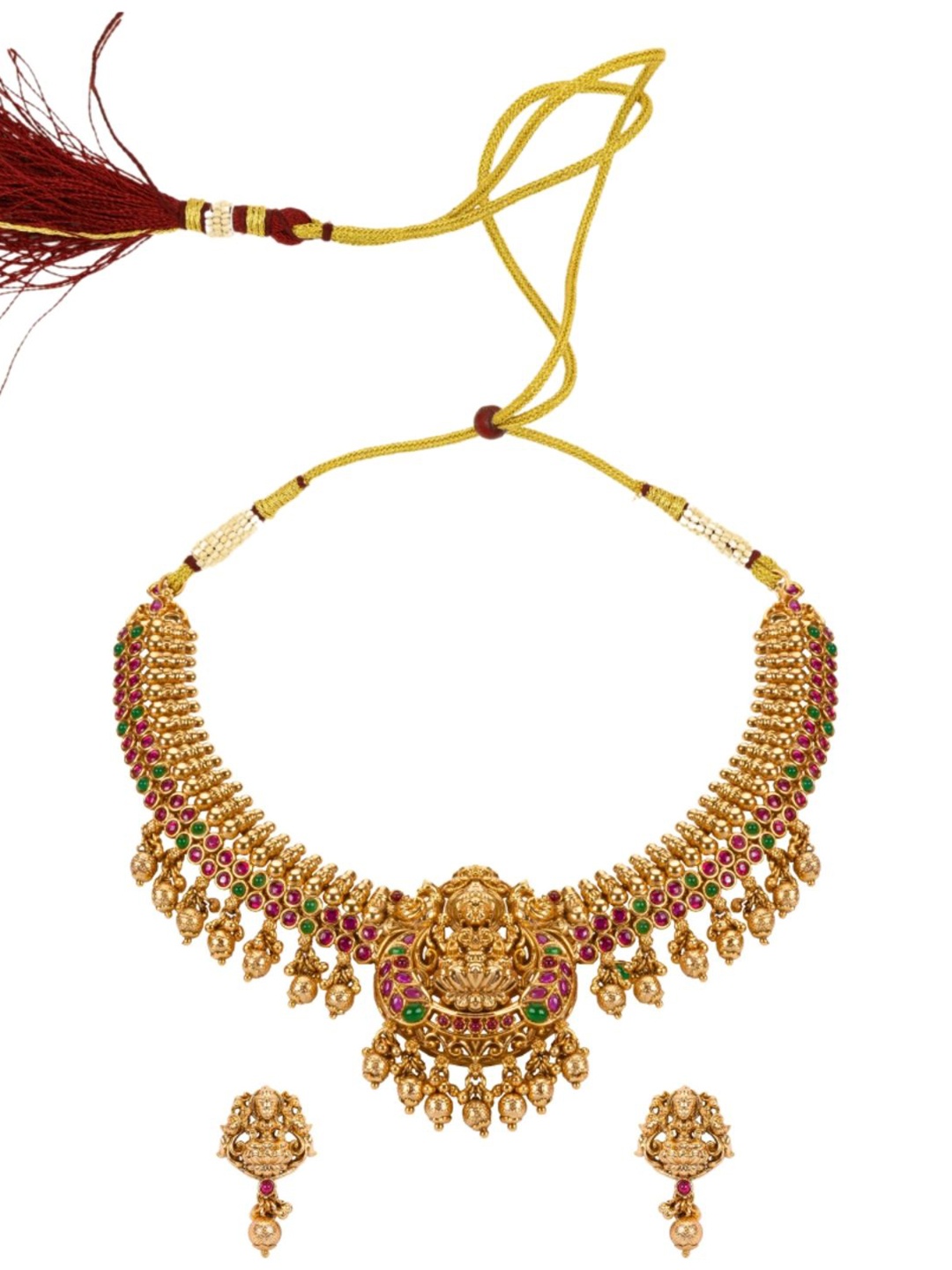 

South Temple Jewellery Gold-Plated Artificial Stones Studded Antique Jewellery Set