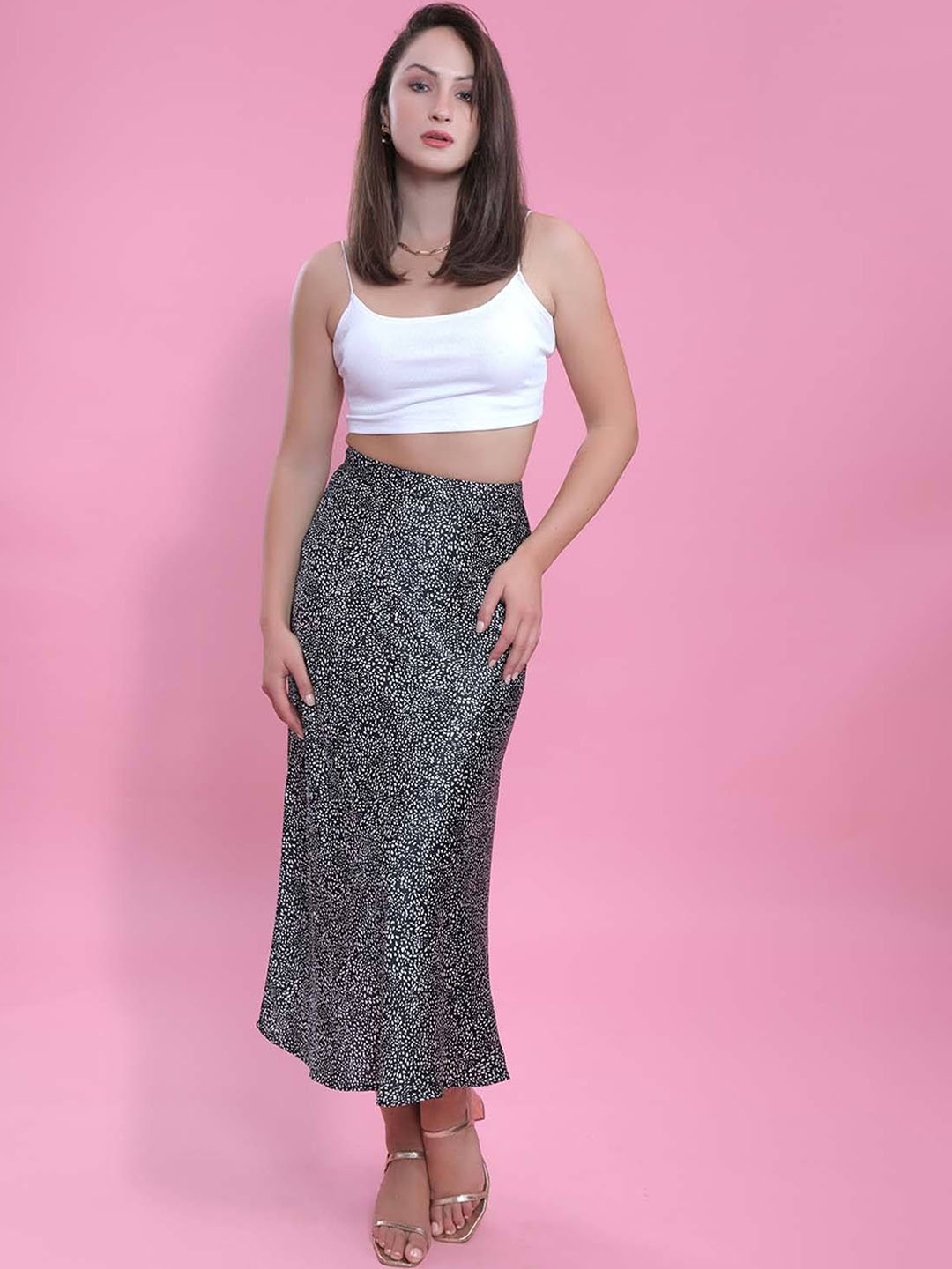 

French Theory Printed A-Line Long Skirt, Black