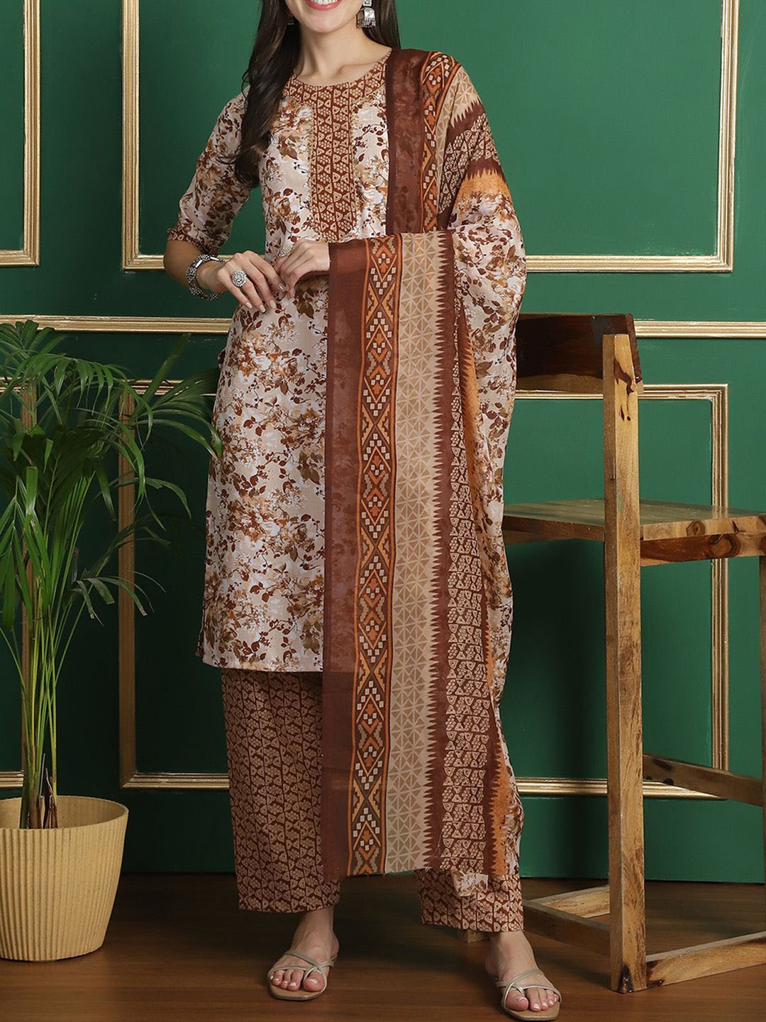 

Moda Rapido Women Ethnic Motifs Printed Regular Pure Cotton Kurta with Trousers & With Dupatta, Cream