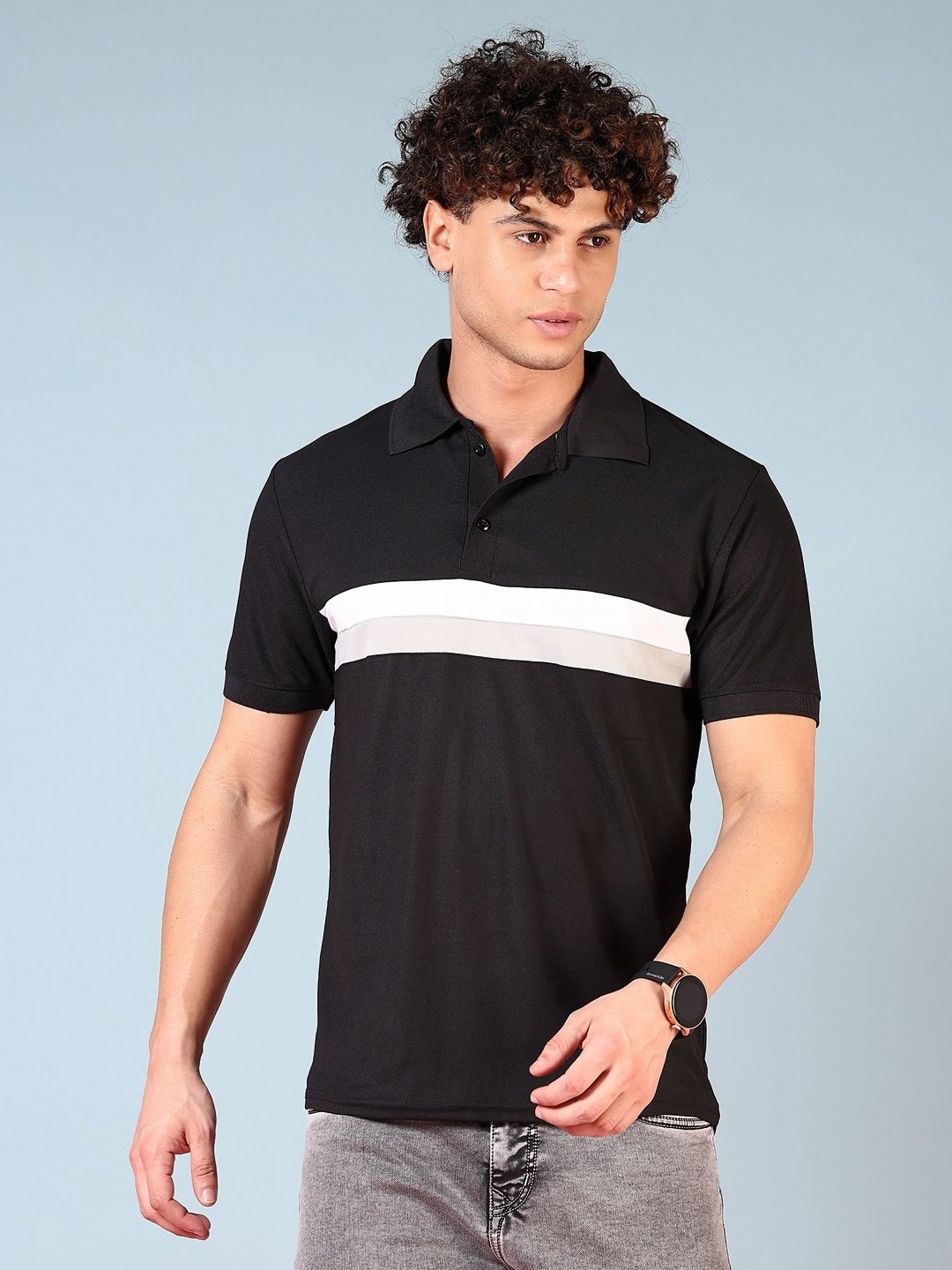 

V-Mart Men Striped Polo Collar Cotton Slim Fit T-shirt, Black
