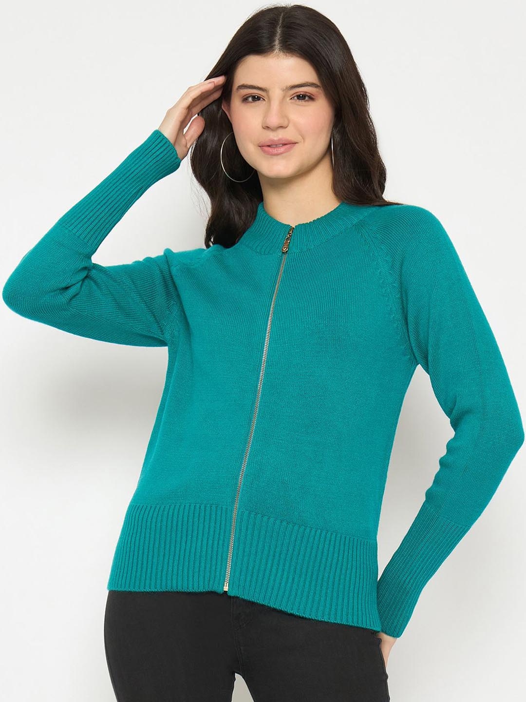 

Madame Women Mock Collar Long Sleeves Cardigan, Green