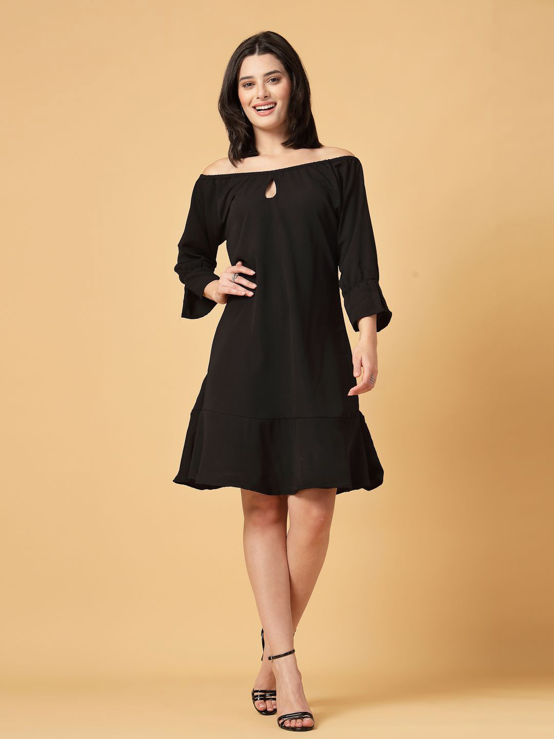 

CUKOO Women Off Shoulder Neck Slit Sleeves A-Line Dress, Black