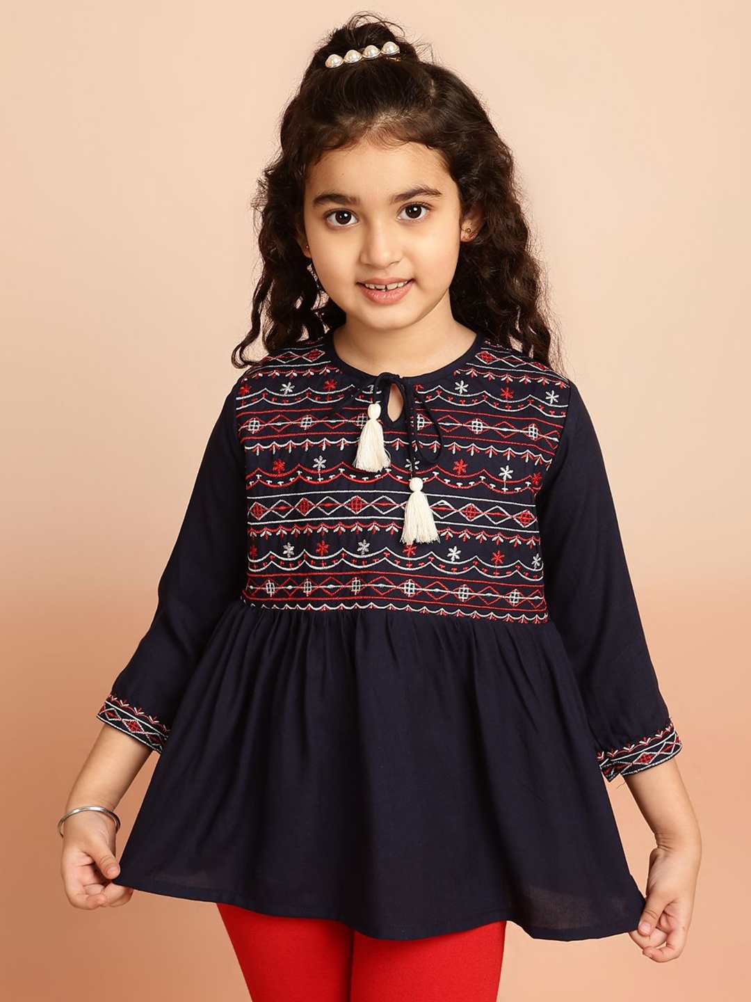 

Miss & Chief Girls Embroidered Keyhole Neck Peplum Top, Navy blue