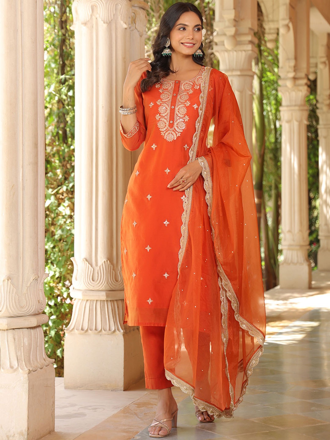 

KALINI Floral Embroidered Sequinned Chanderi Silk Kurta With Trousers & Dupatta, Rust