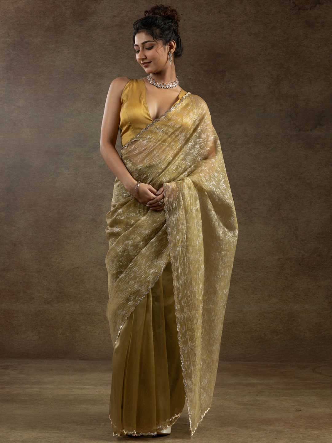 

Saree mall Embellished Beads and Stones Organza Ready to Wear Sarees, Olive