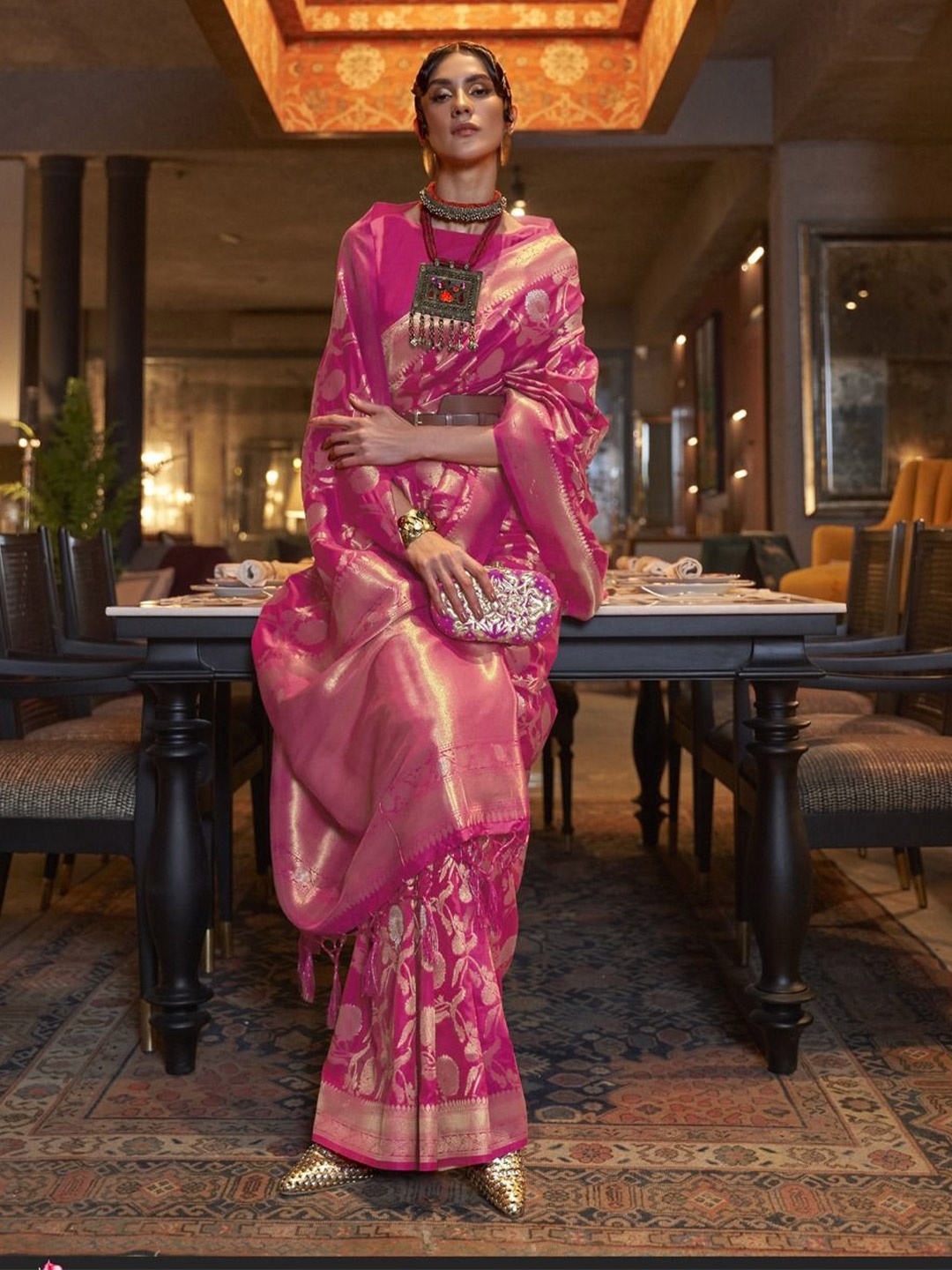

Anouk Woven Design Zari Banarasi Saree, Pink