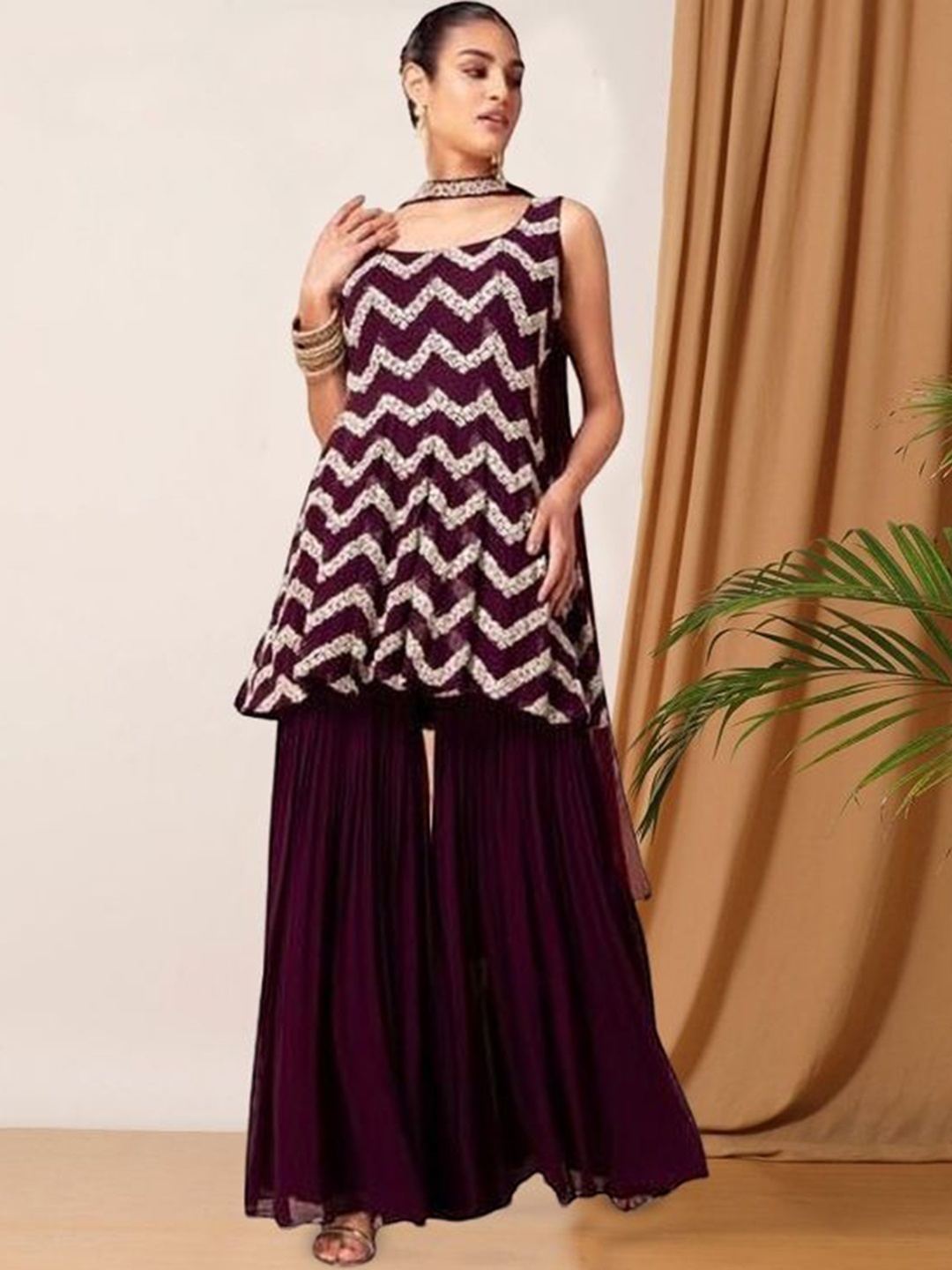 

PARROT CREATION Chevron Embroidered Sequinned Georgette Kurti With Sharara And Dupatta, Purple