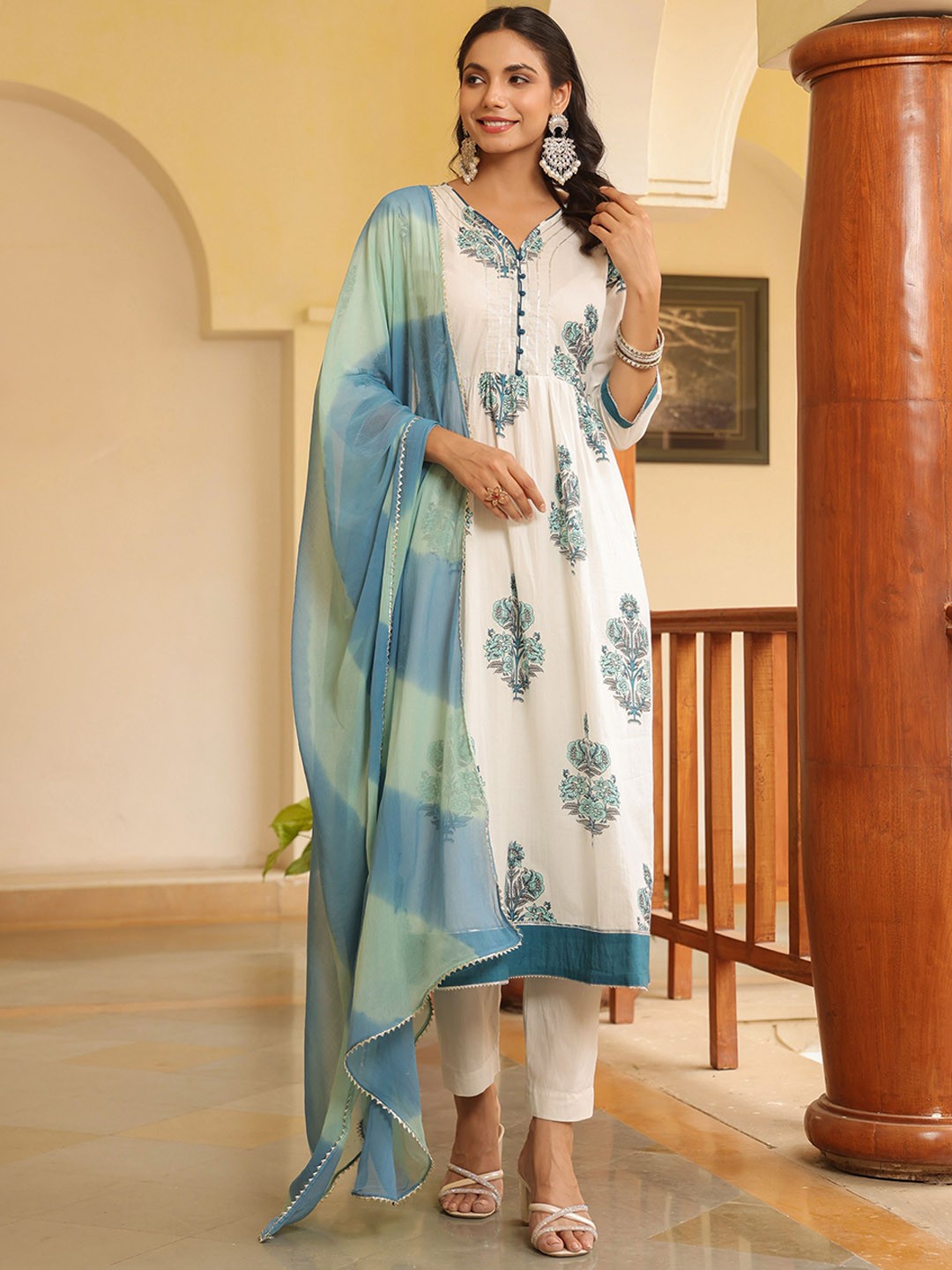 

KALINI Ethnic Motifs Printed Pleated Pure Cotton Kurta With Trousers & Dupatta, White