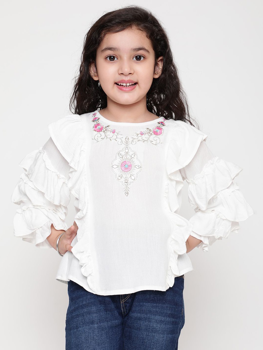 

Miss & Chief Girls Floral Embroidered Round Neck Bell Sleeves Top, White