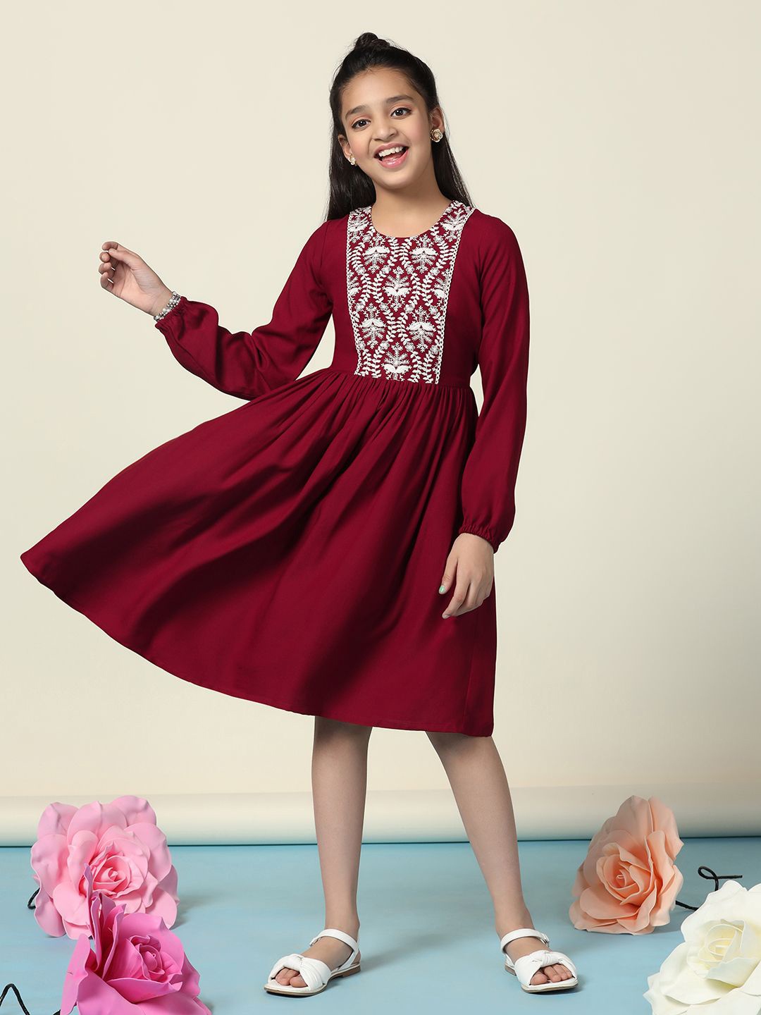 

YK Embroidered Fit & Flare Dress, Maroon